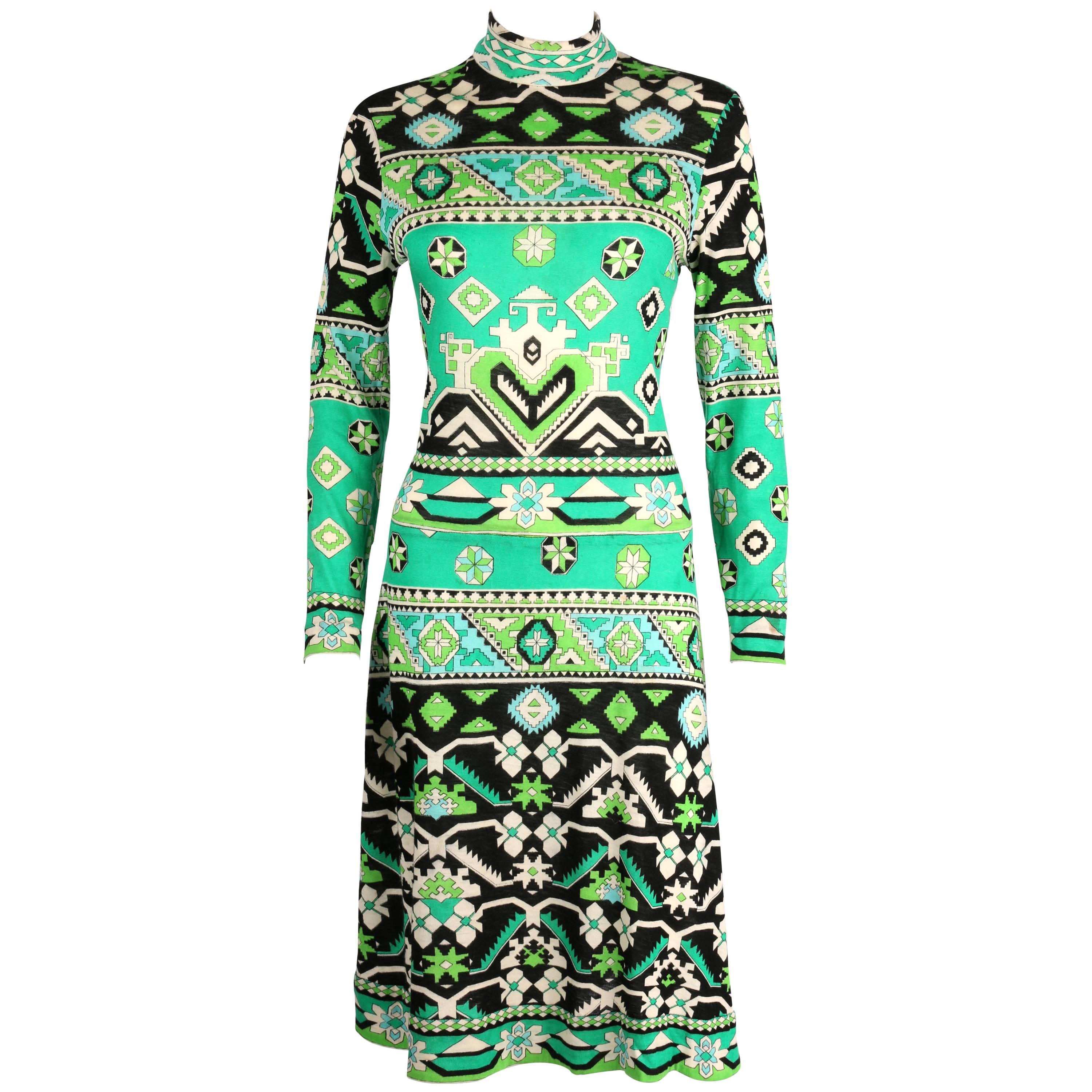 LEONARD PARIS 1960s Jade Green Tribal Floral Print Cashmere Jersey Knit Dress