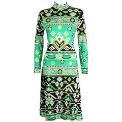 LEONARD PARIS 1960s Jade Green Tribal Floral Print Cashmere Jersey Knit Dress