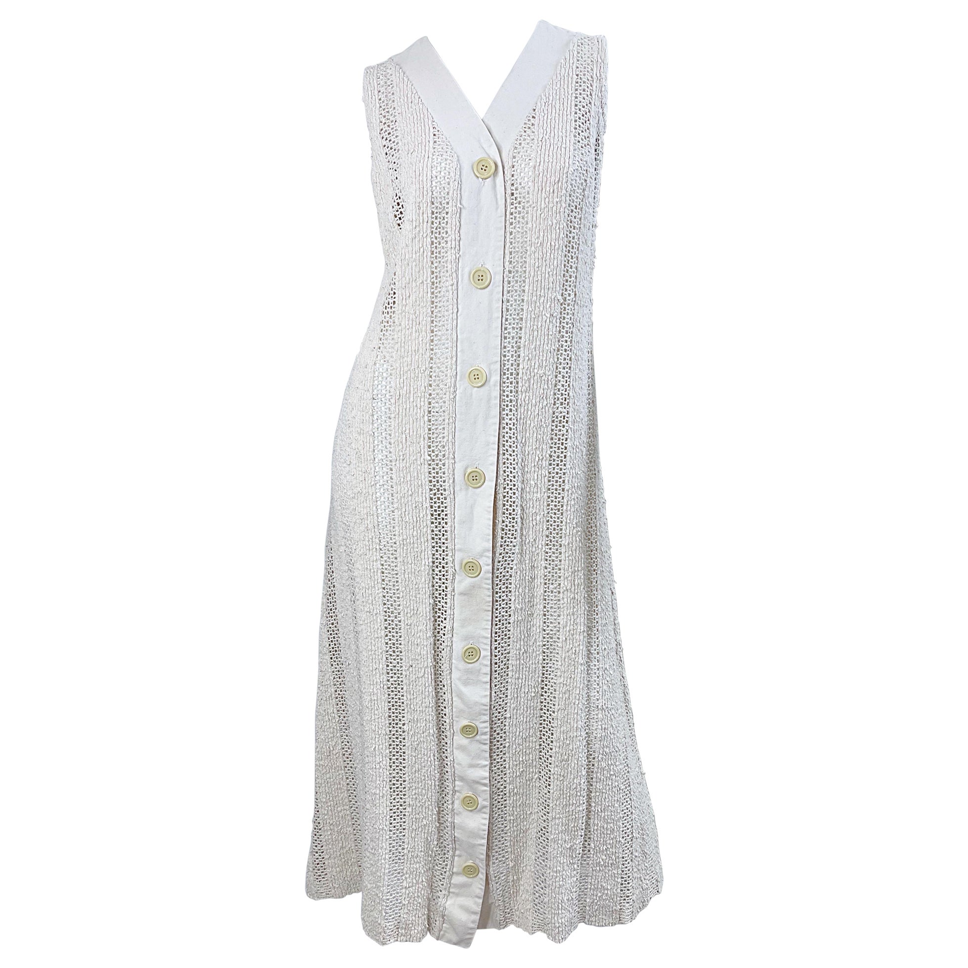 1970s Charm of Hollywood Ivory Off White Crochet Sheer Vintage Maxi Duster Vest For Sale