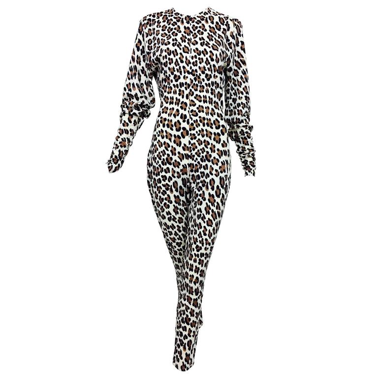 Vintage Norma Kamali leopard print cat suit 1980s For Sale at 1stdibs