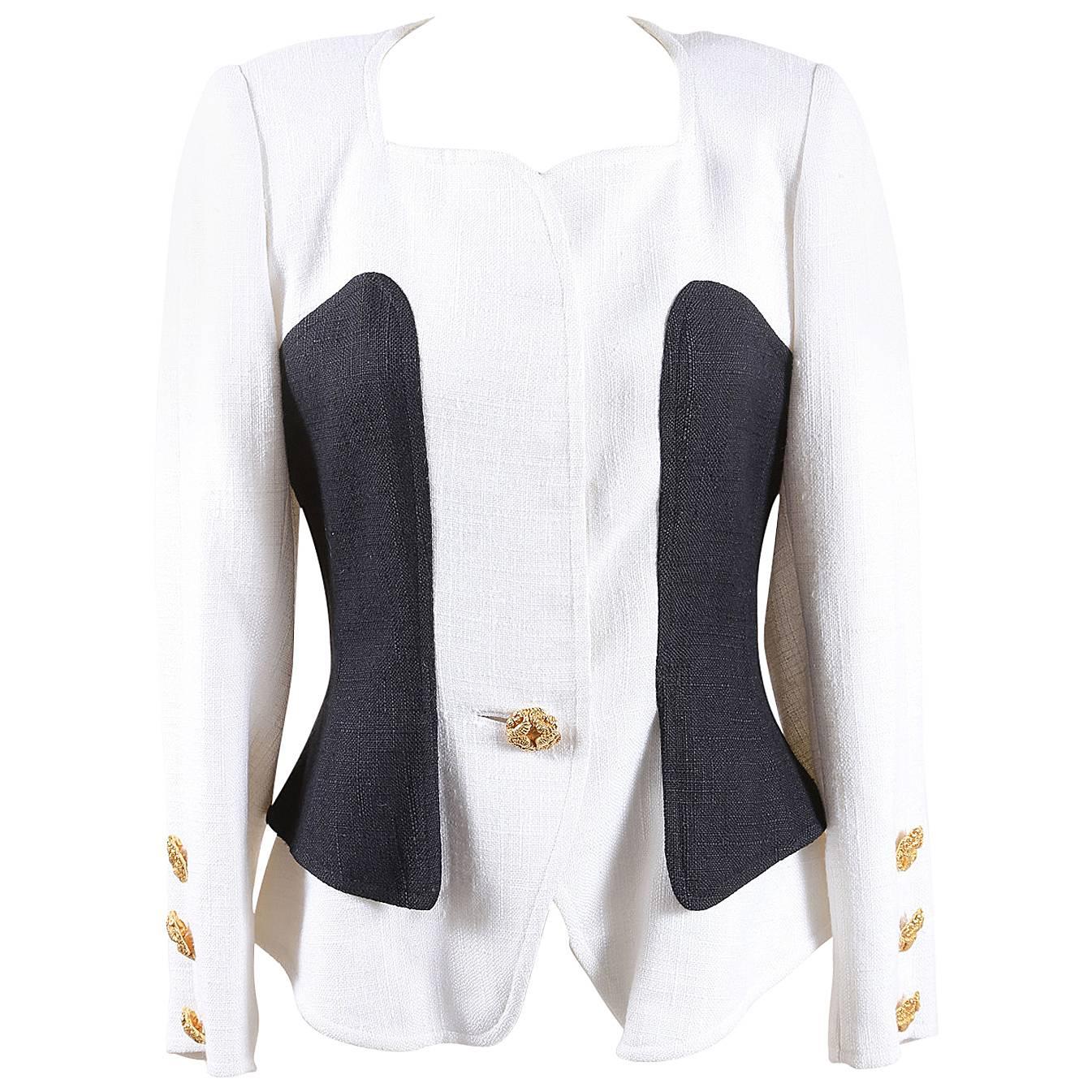 Vintage Christian Lacroix Black White Linen Gold Button LS Blazer Jacket SZ 38 For Sale