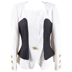 Vintage Christian Lacroix Black White Linen Gold Button LS Blazer Jacket SZ 38