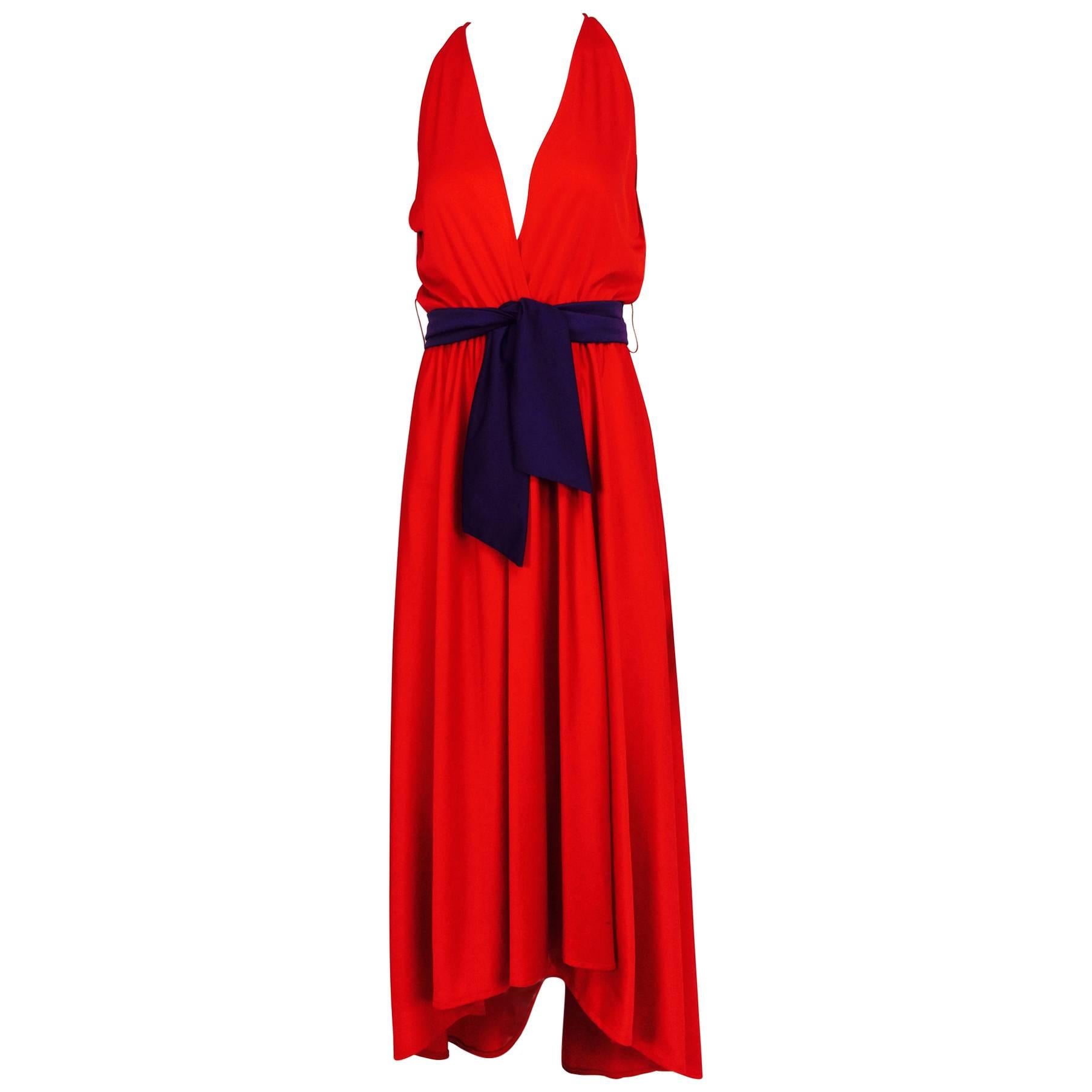 Vintage Halston silky red & purple jersey plunge wrap high low hem dress 1980s