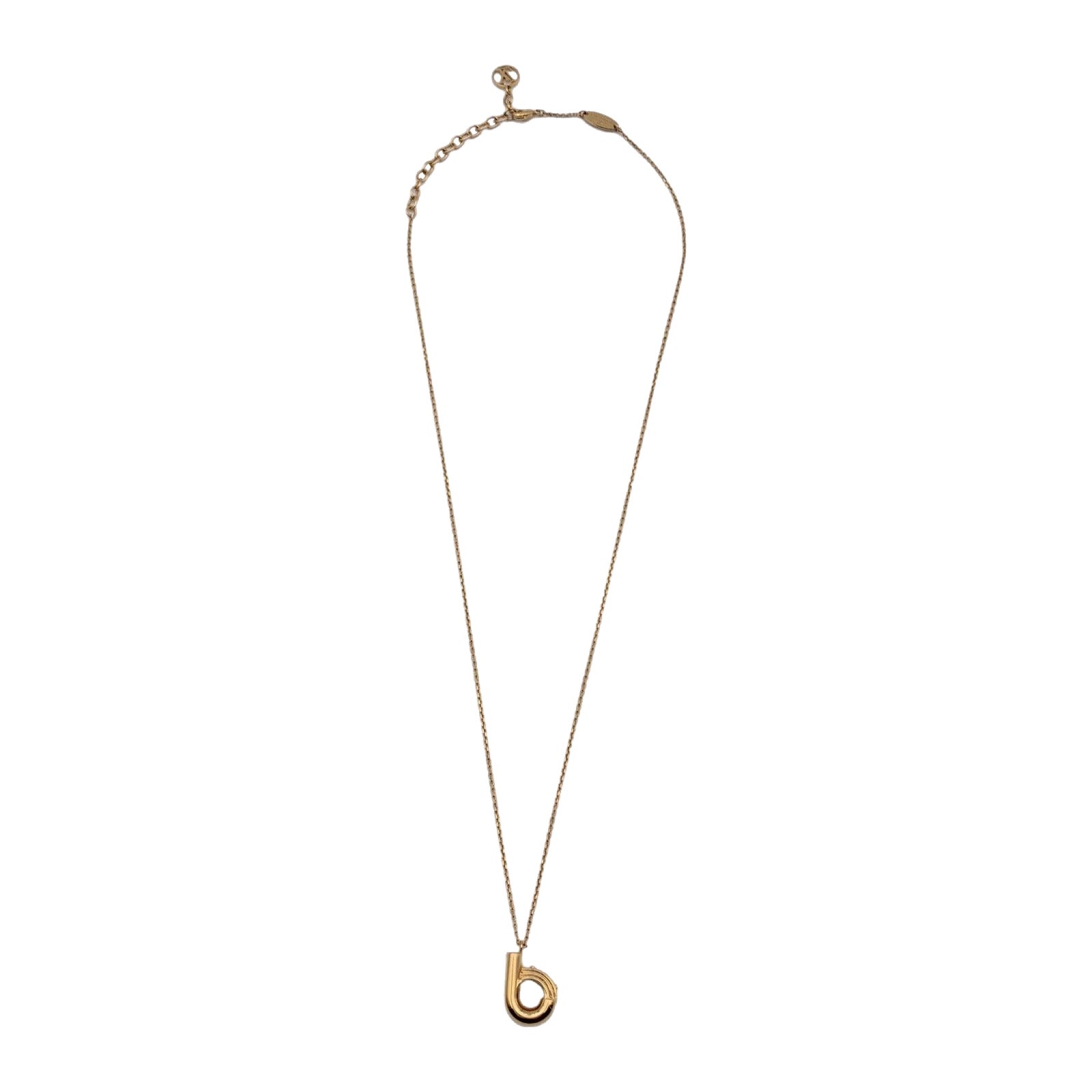 Louis Vuitton, collier pendentif lettres LV & Me en métal doré
