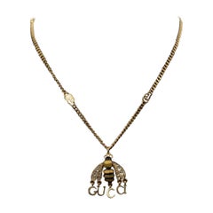 Gucci Aged Gold Metal Bee Necklace GG Chain with Crystal