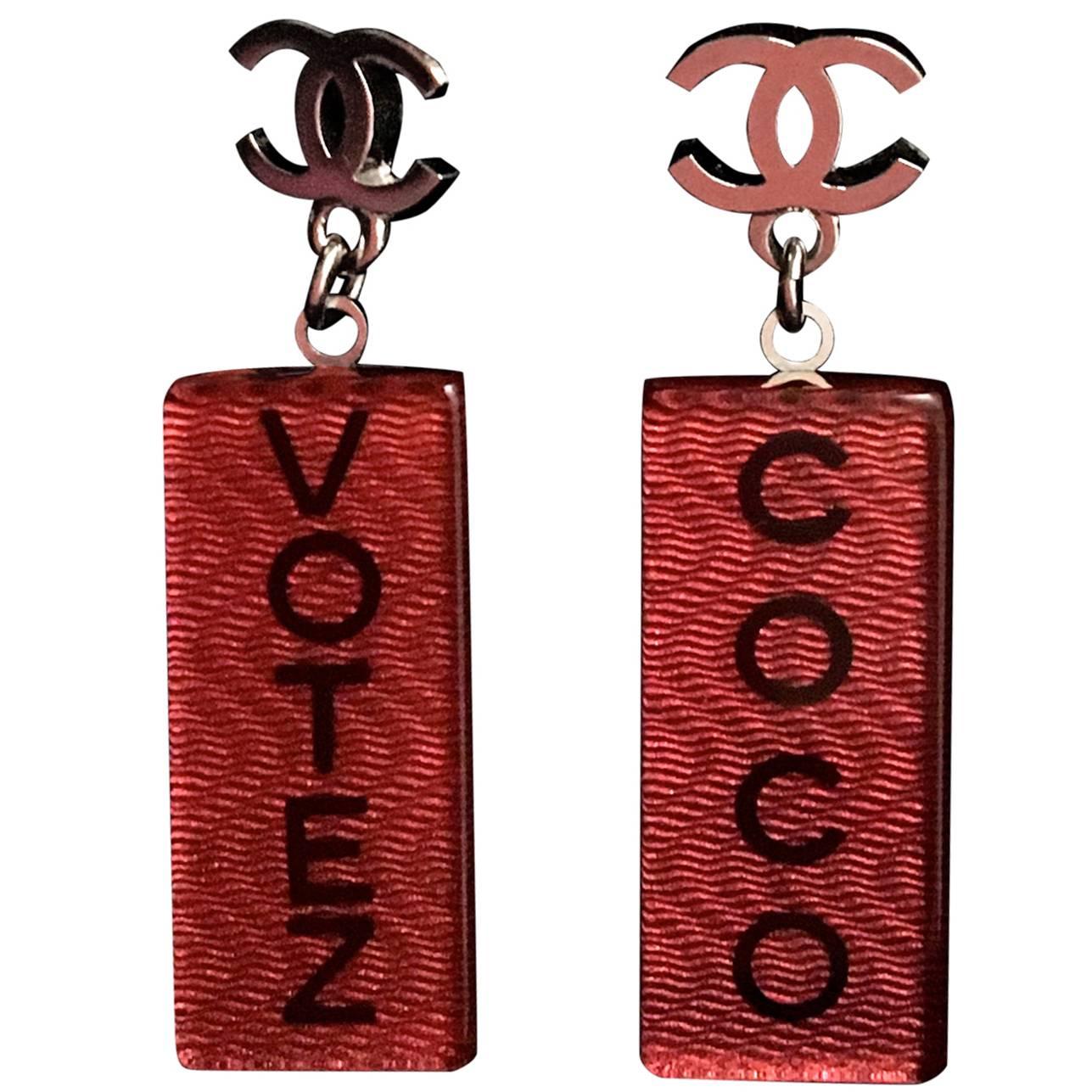New Chanel Lucite Earrings - 'Votez Coco' - 2015 For Sale