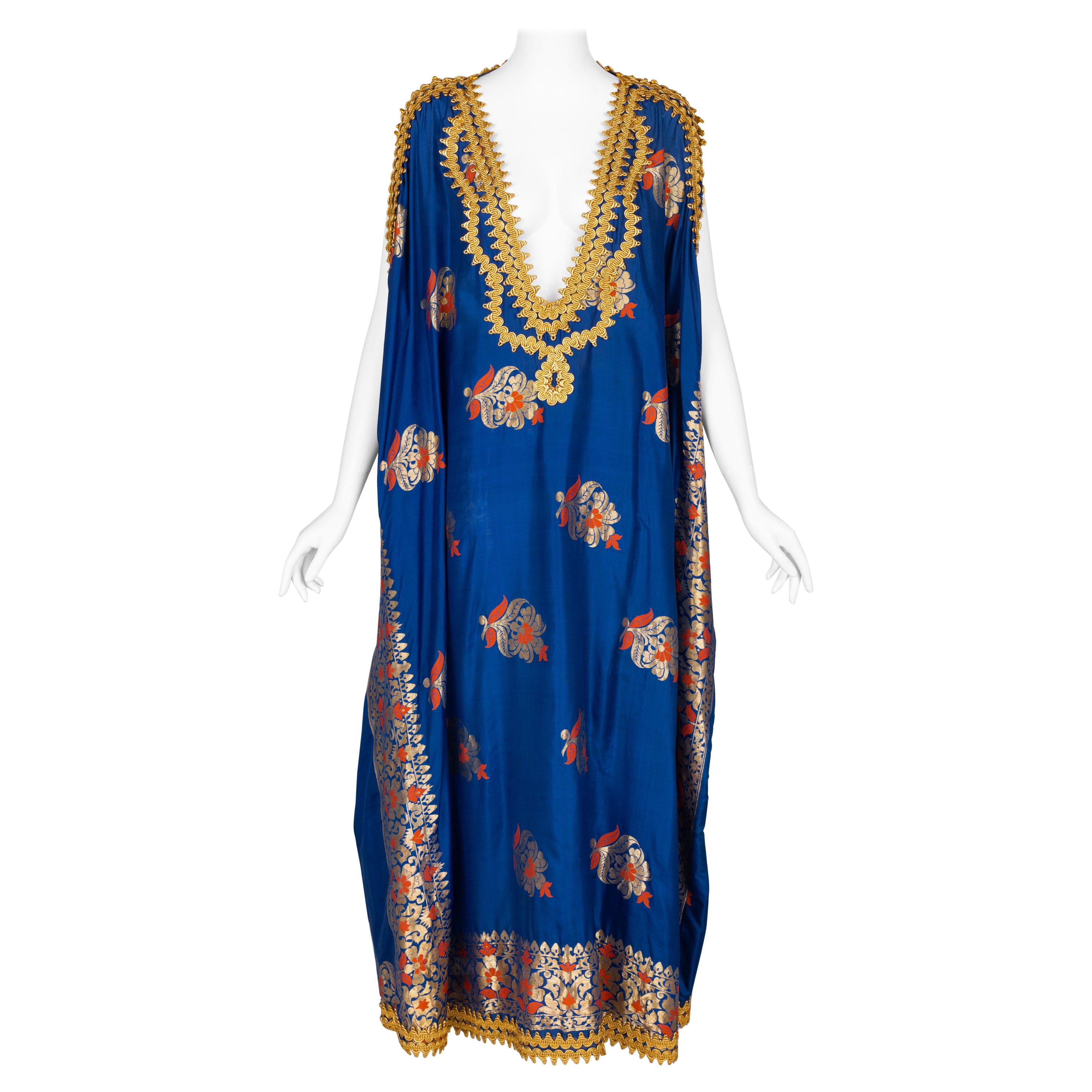 Antique  Royal Blue Silk Gold Embroidered Caftan Dress For Sale