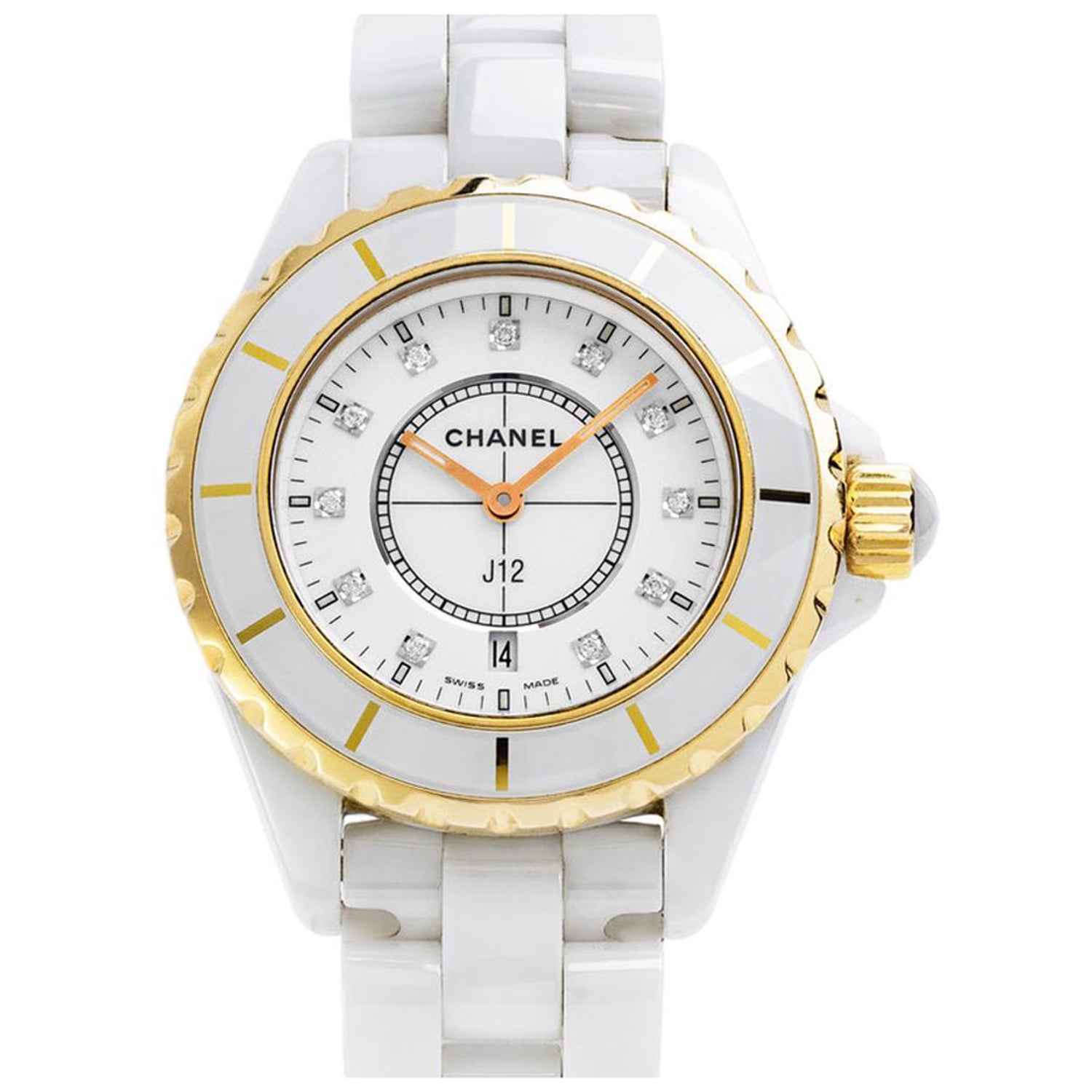 Chanel J12 White Ceramic and 18K Yellow Gold Watch with Diamond Markers