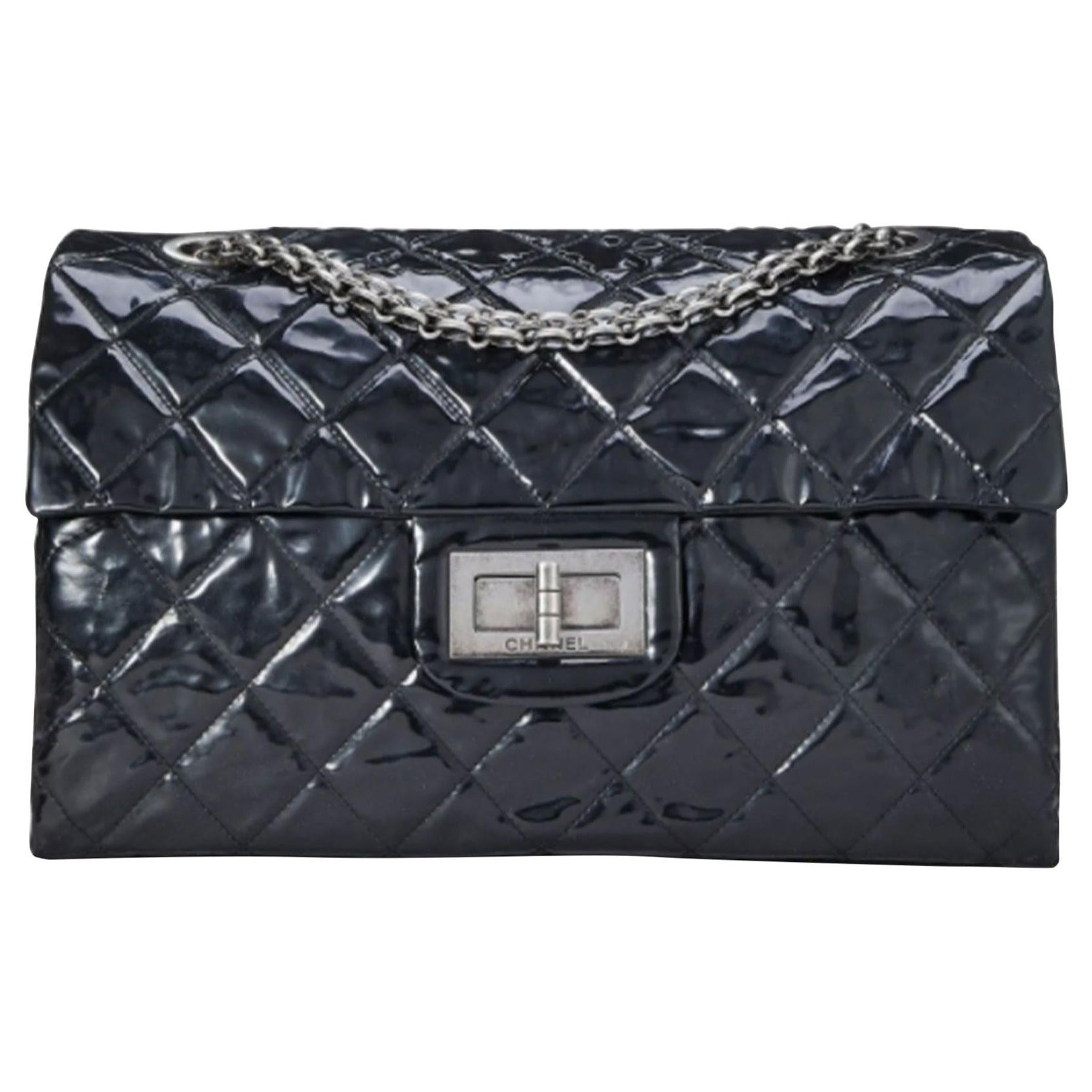 Chanel Vintage Black Quilted Patent Leather Reissue Flap Bag XL Shoulder Bag