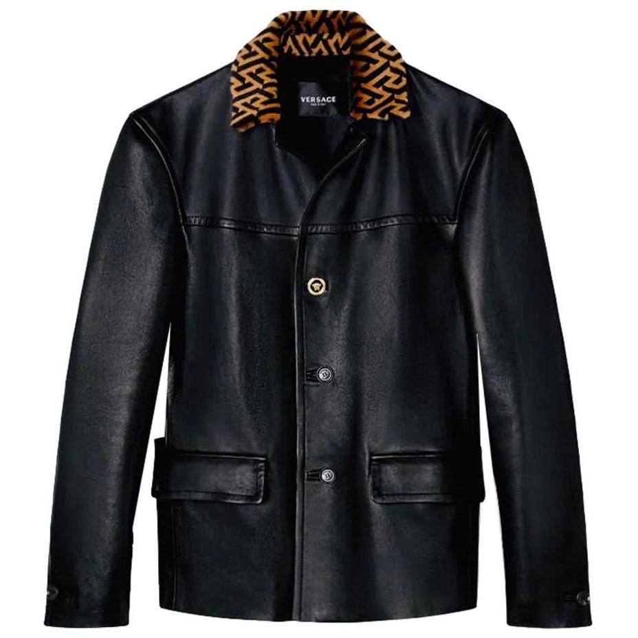 Versace Leather Jacket With Greca Fur Collar For Sale