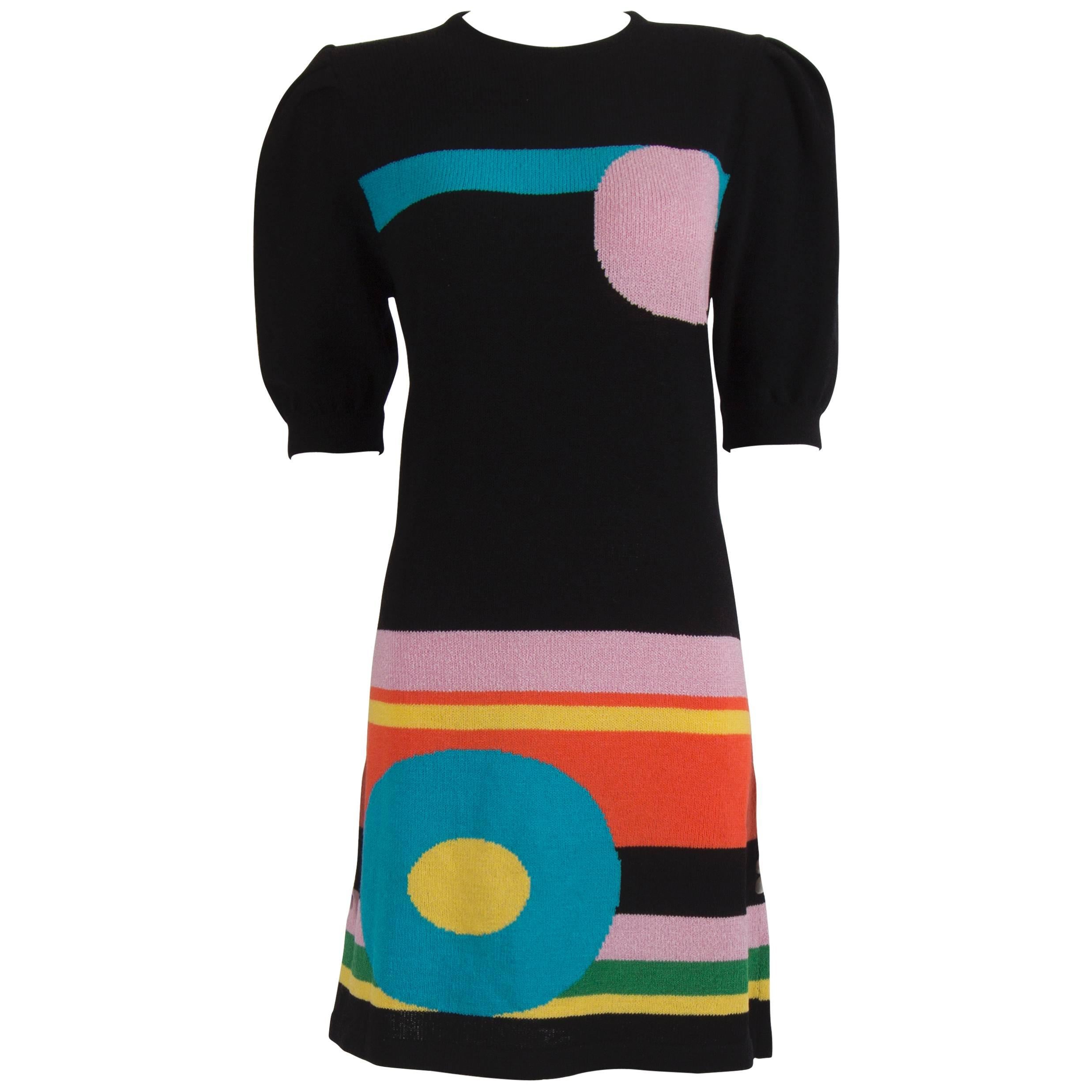 1980's Black Pink and Turquoise Target- Pattenr Knit Mini Dress For Sale