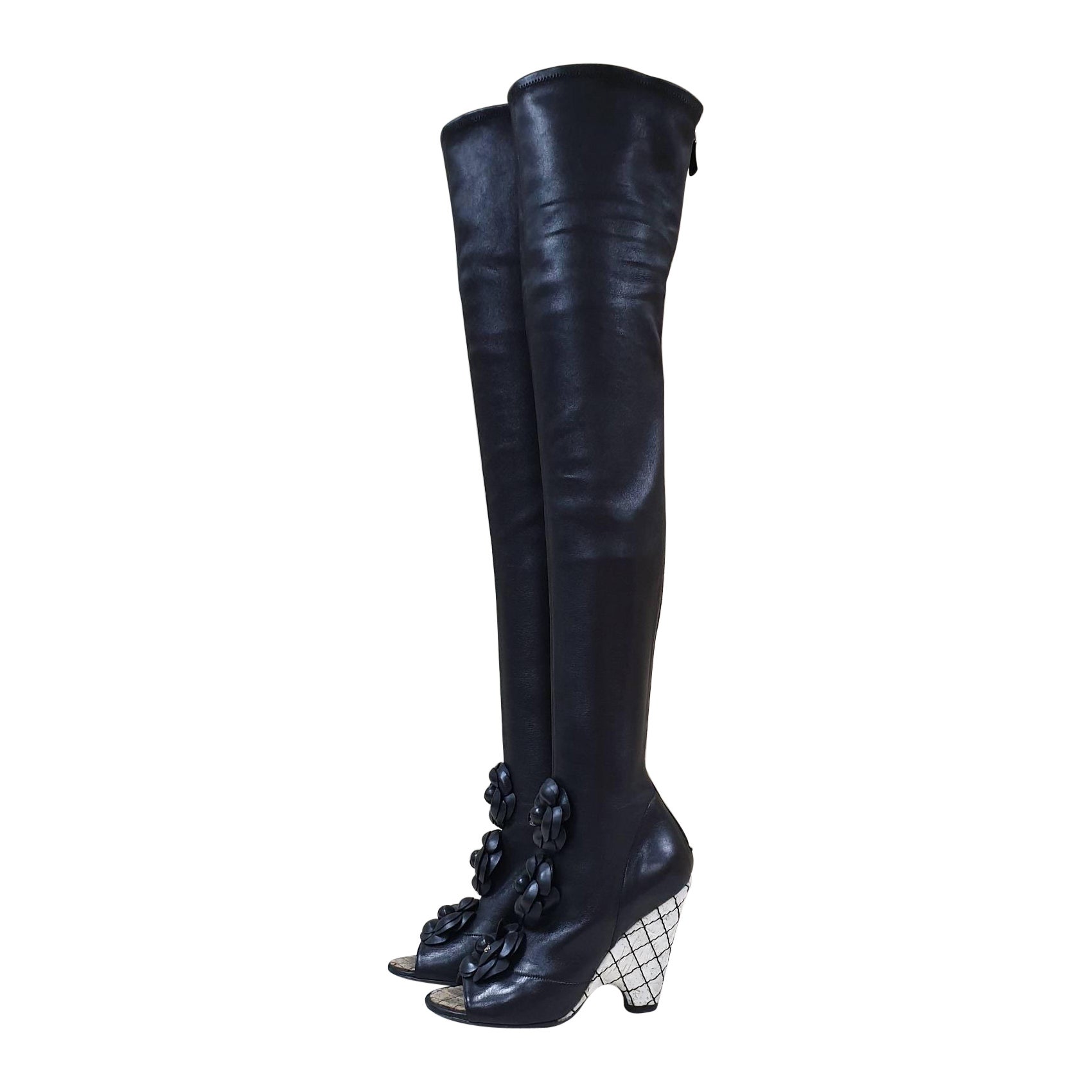 Chanel Black Leather Camellia Wedge Over The Knee Boots  For Sale