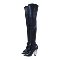 Chanel Black Leather Camellia Wedge Over The Knee Boots 