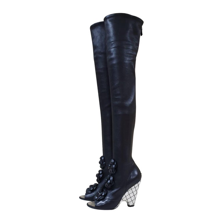 Chanel Black Leather Camellia Wedge Over The Knee Boots For Sale at 1stDibs