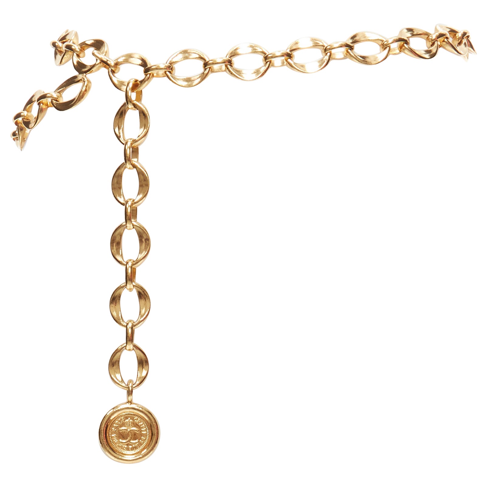 CHANEL gold tone CC logo medallion coin chunky double chain drop belt For Sale