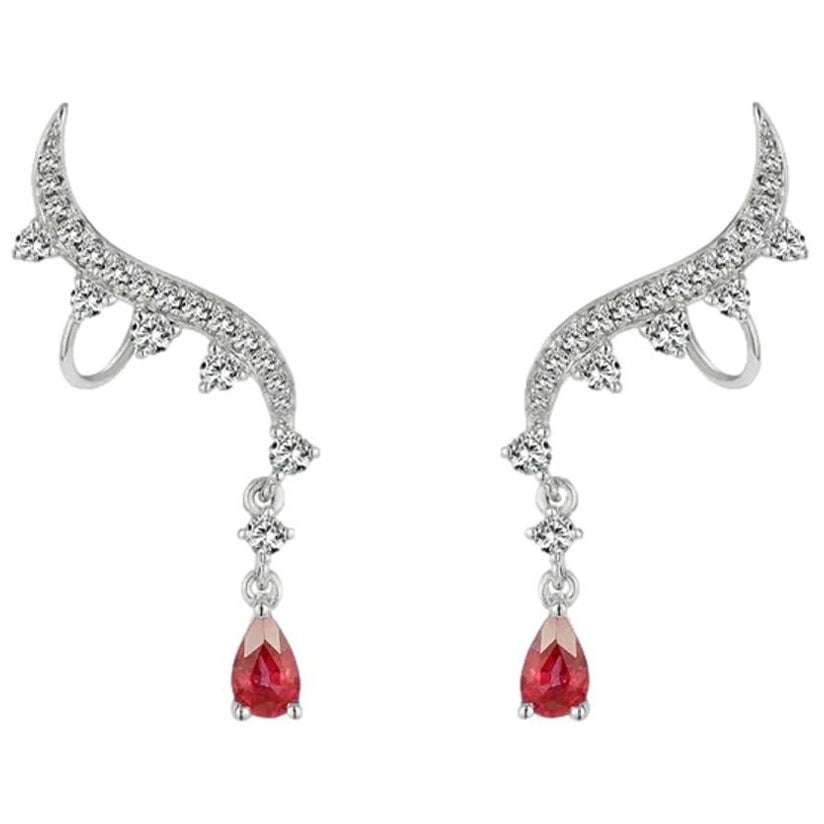 Aureliean Lover's Ruby & Diamond Ear Climbers In 18k White Gold For Sale