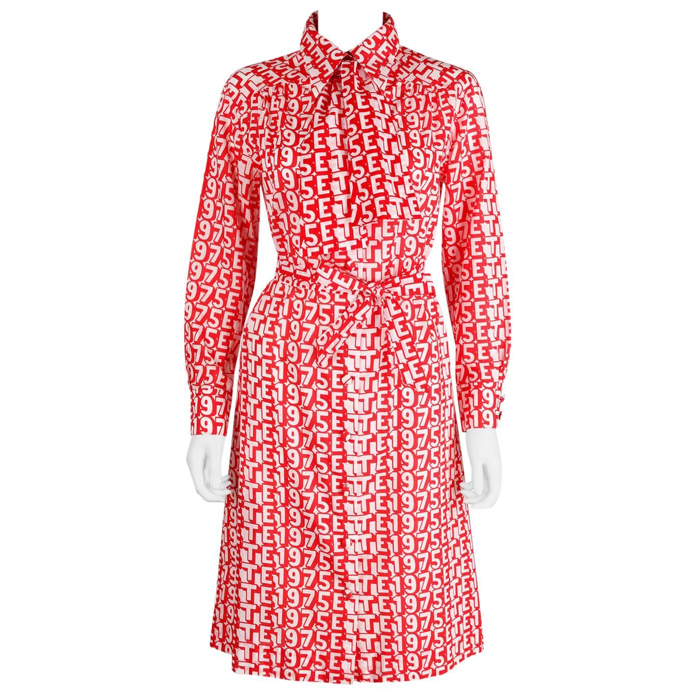 LANVIN S/S 1975 "ETE 1975" Red White Print Button Up Cotton Shirt Dress Size 14