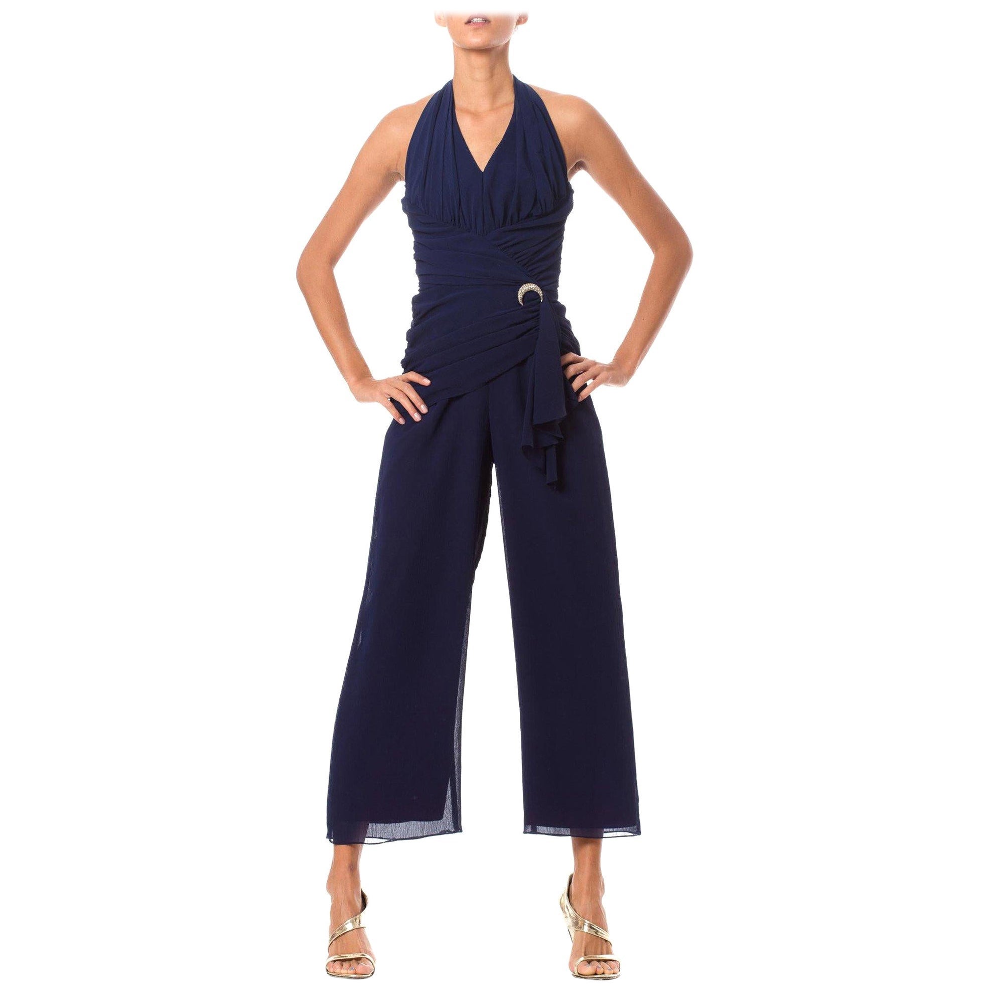 1970S Navy Blue Polyester Mousseline Halter Top Jumpsuit With Draped Waistline  For Sale