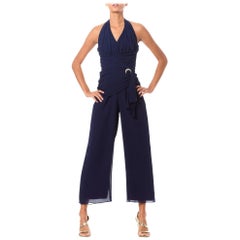 Vintage 1970S Navy Blue Polyester Mousseline Halter Top Jumpsuit With Draped Waistline 