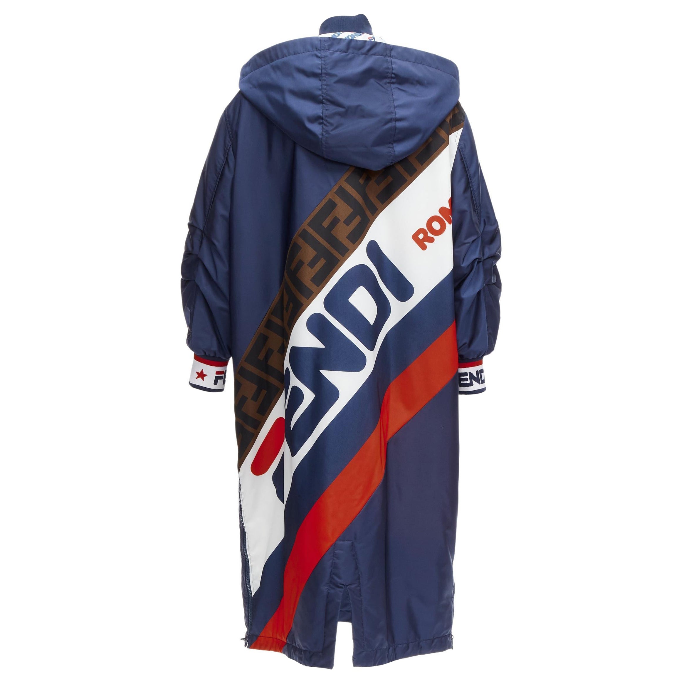 FENDI FILA 2018 Runway oversized logo navy nylon hooded padded coat S For Sale