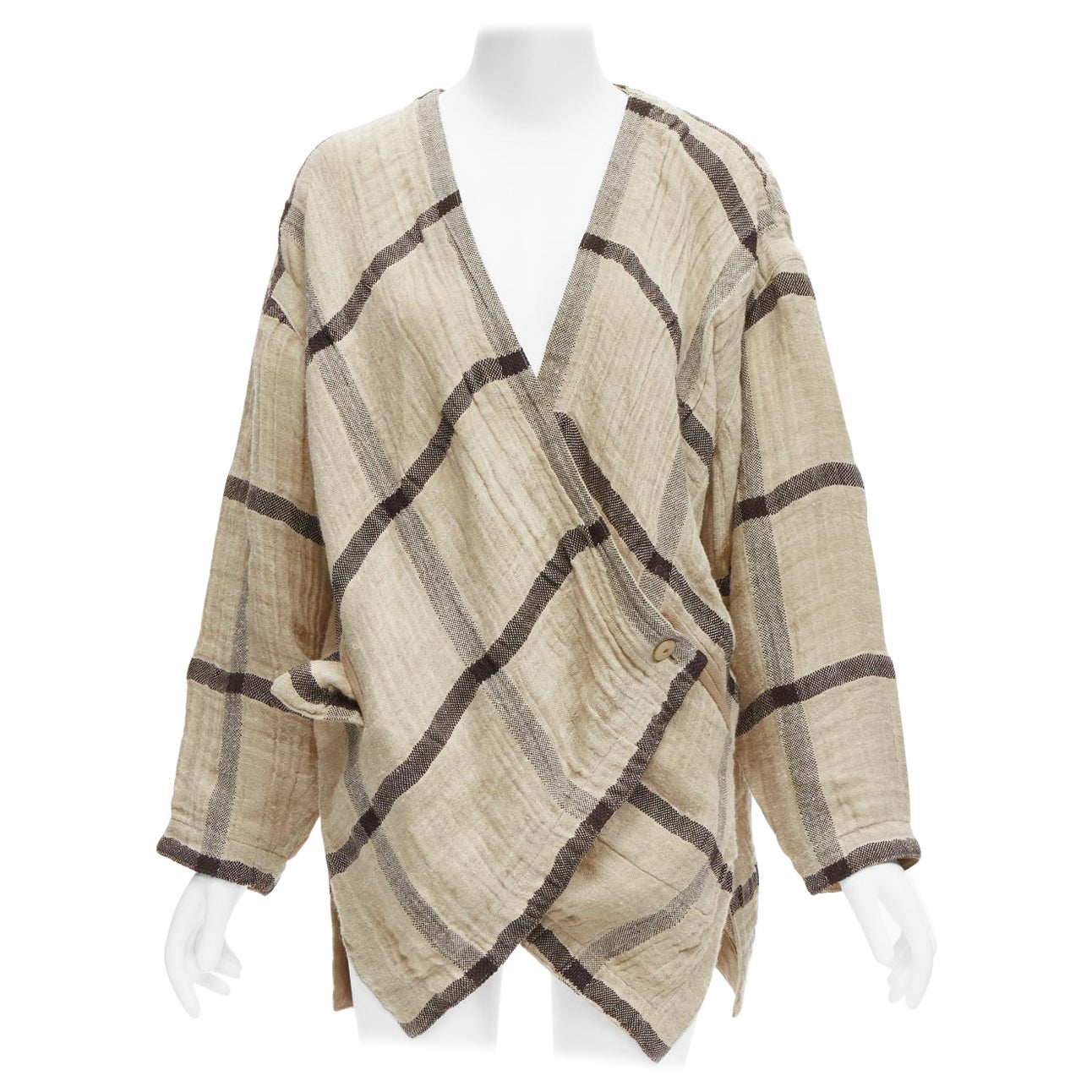 ISSEY MIYAKE 1980s Vintage beige check wrap front oversized crinkle ...