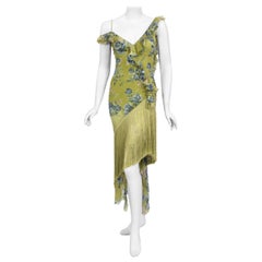 Vintage 2000 Christian Dior by Galliano Green Floral Silk Fringed Bias-Cut Dress