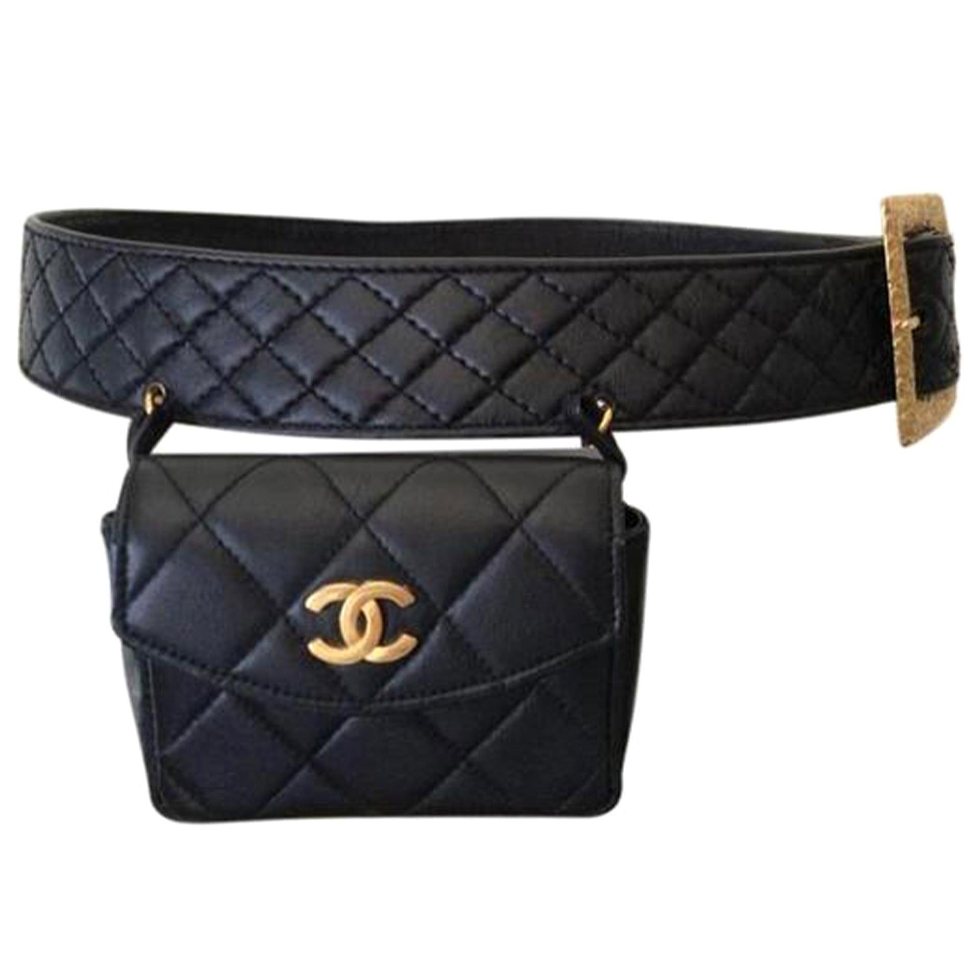 Chanel Belt Bag Rare Vintage 90s Mini Fanny Pack Waist Black Leather Baguette 