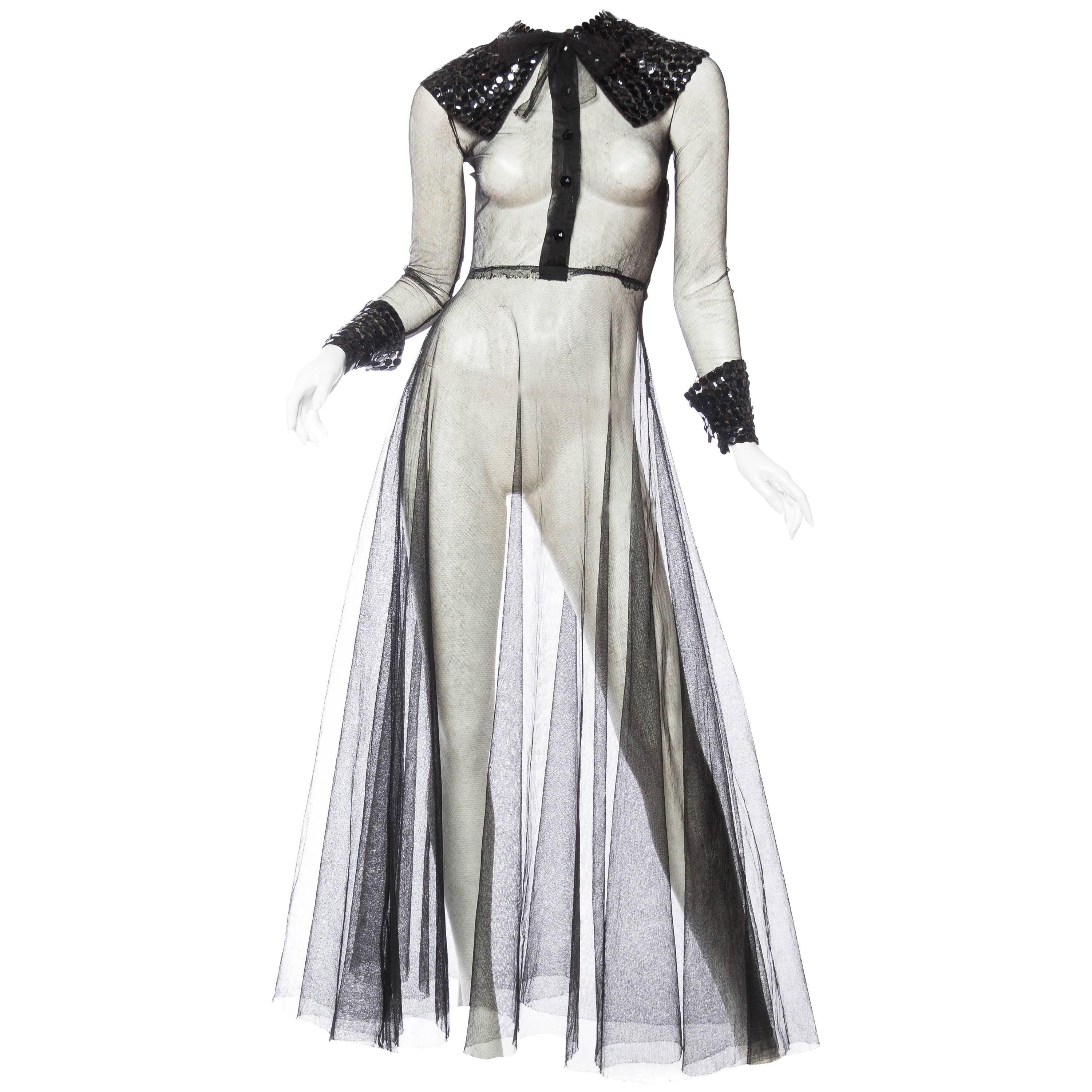 Robe en filet transparent avec nœud et col à paillettes de style Gucci, années 1930 en vente