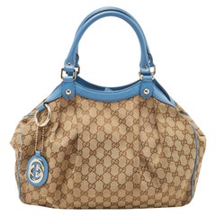 Gucci Blue/Beige GG Canvas and Leather Medium Sukey Tote