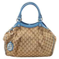 Gucci Bleu/Beige GG Canvas and Leather Medium Sukey Tote