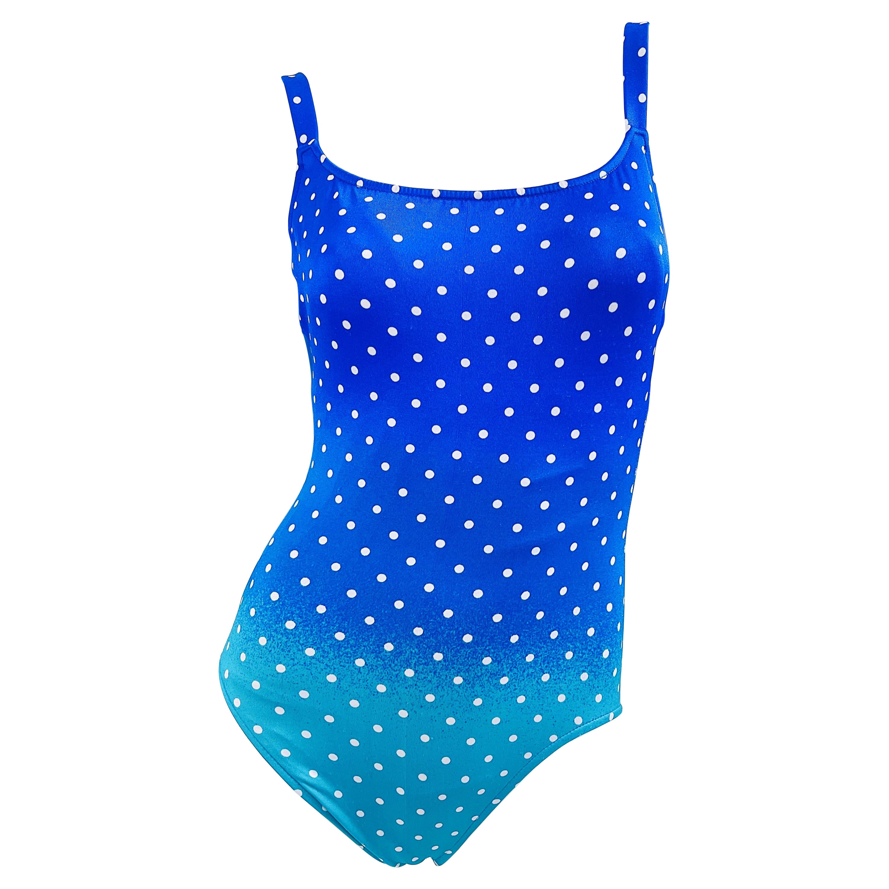 Bill Blass 1980s Blue Turquoise Size 6 Polka Dot One Piece 80s Swimsuit Bodysuit en vente