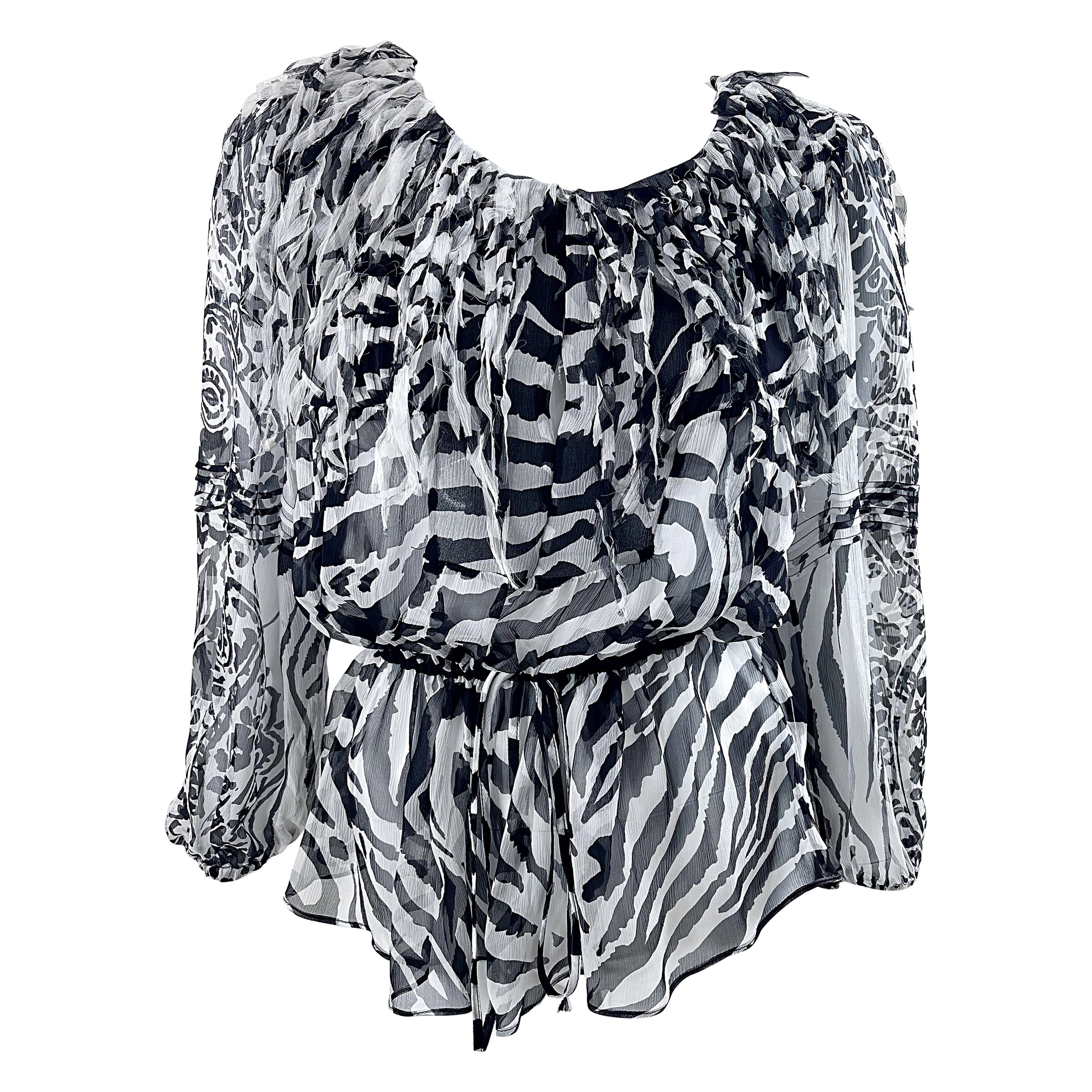 Blumarine Fall 2010 Zebra Print Black and White Fringe Silk Chiffon Blouse Top For Sale