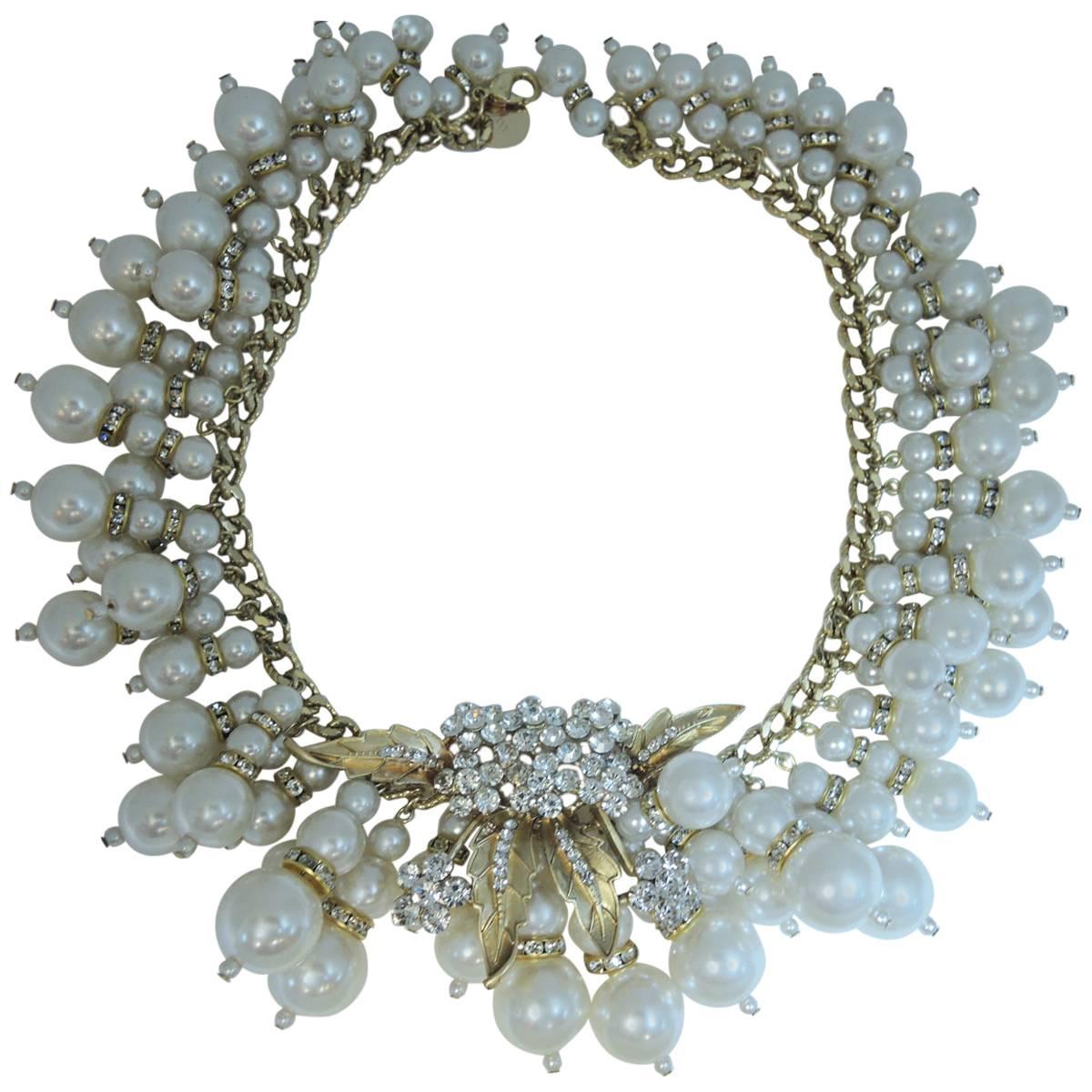 Designer Anka Massive One-Of-A-Kind Golden Leaf Faux Pearl Bib Necklace 