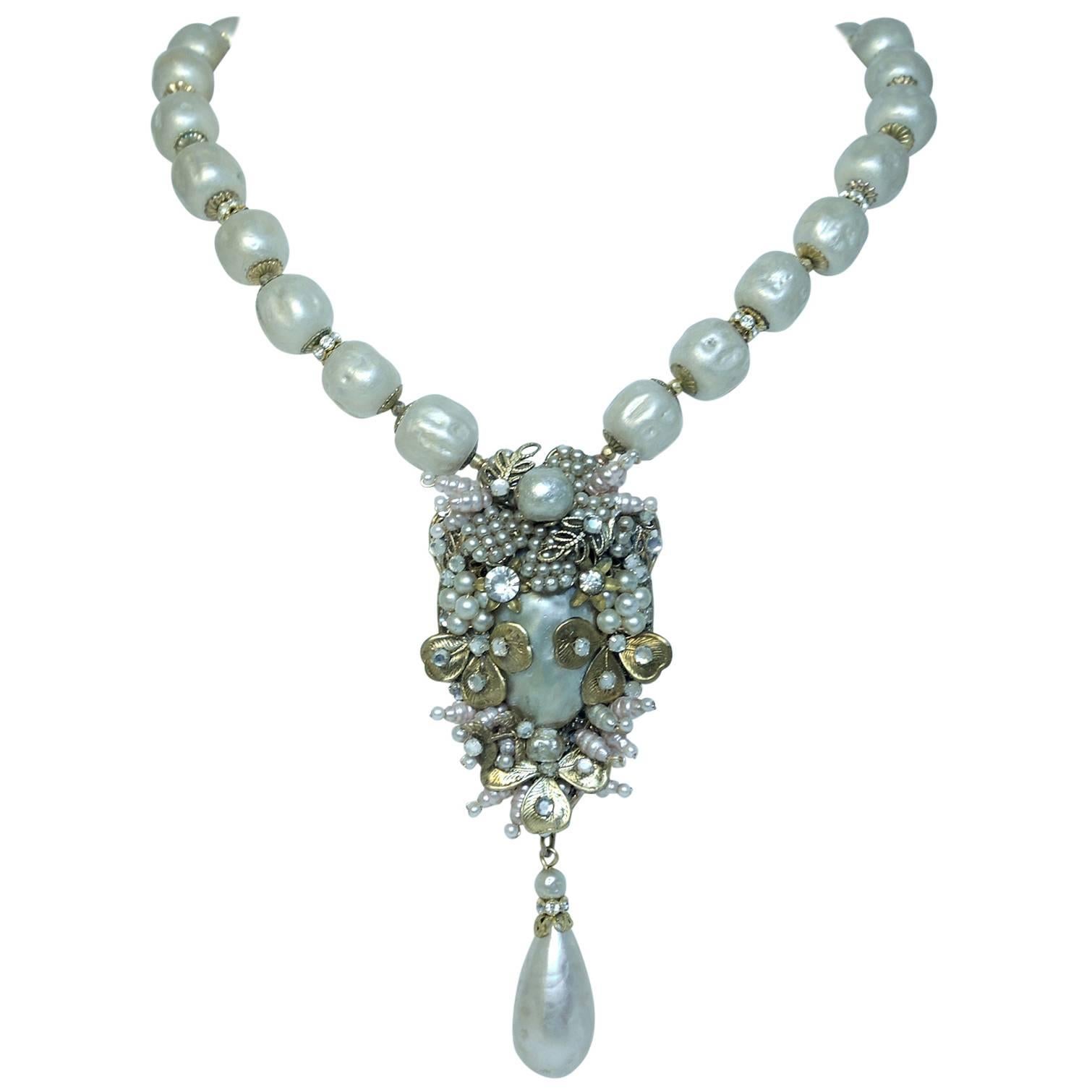 Miriam Haskell All Original Faux Baroque Vintage Pearl Necklace For Sale