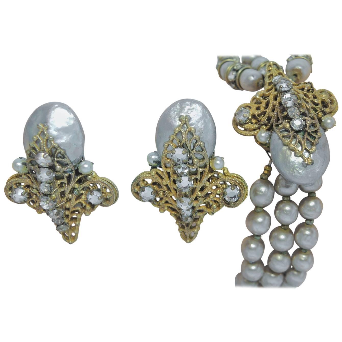 Miriam Haskell Vintage Three Strand Faux Pearl Bracelet and Earrings Set