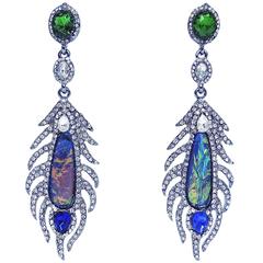 Vintage Rhinestone & Peacock Feather Drop Pierced Earrings