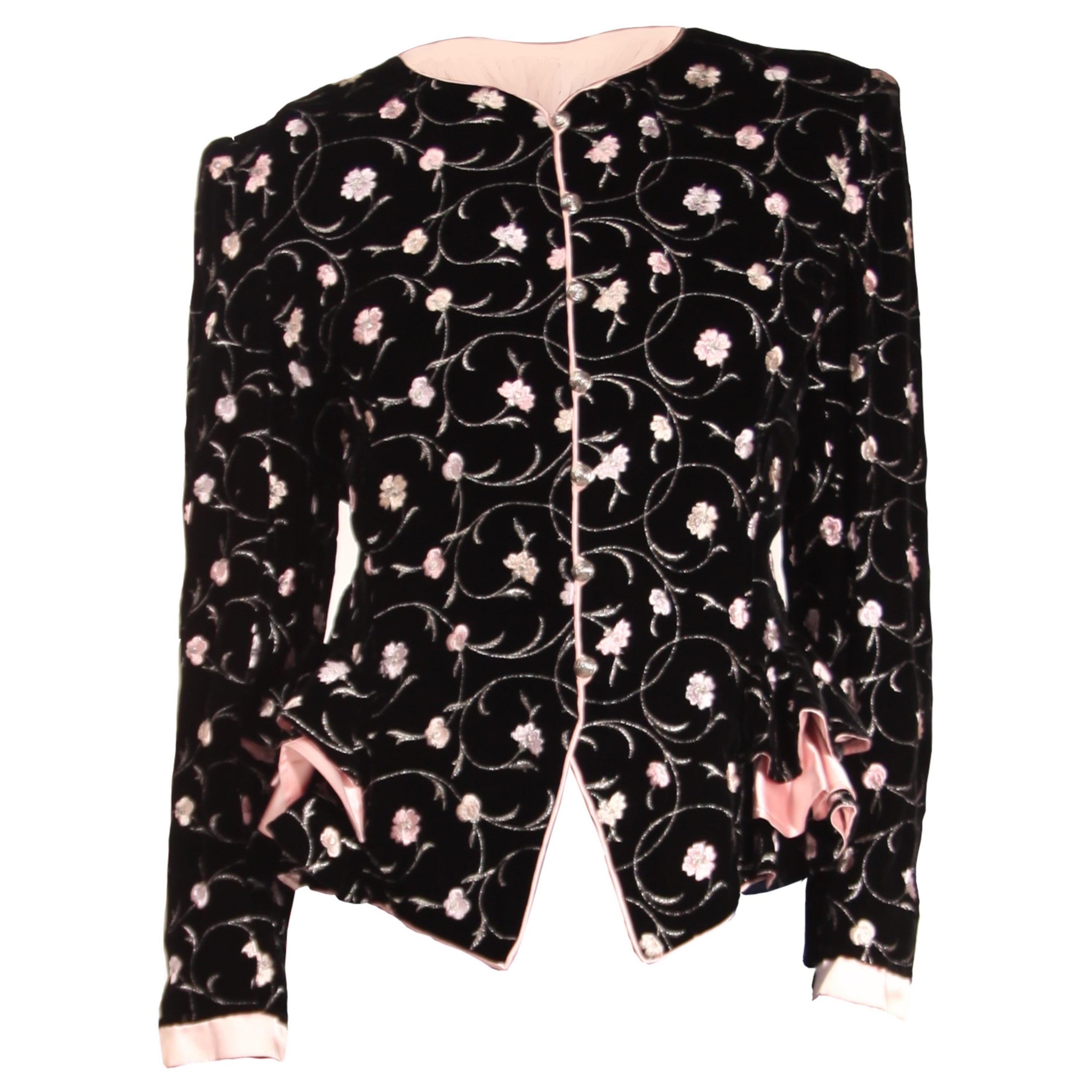 Ungaro black velvet evening jacket  with pink embroidered flowers . c.1980s For Sale
