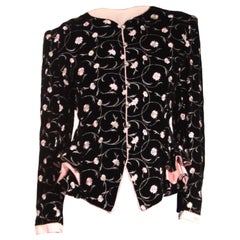 Retro Ungaro black velvet evening jacket  with pink embroidered flowers . c.1980s