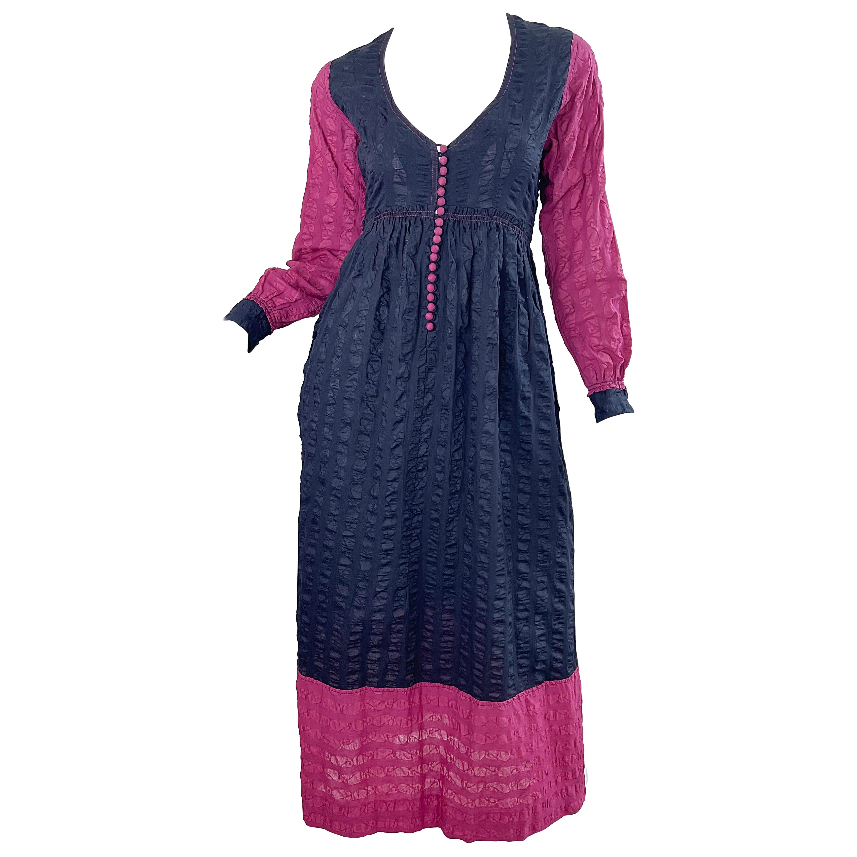 1970s Jean Muir Cotton Voile Black + Raspberry Pink Vintage 70s Maxi Dress For Sale