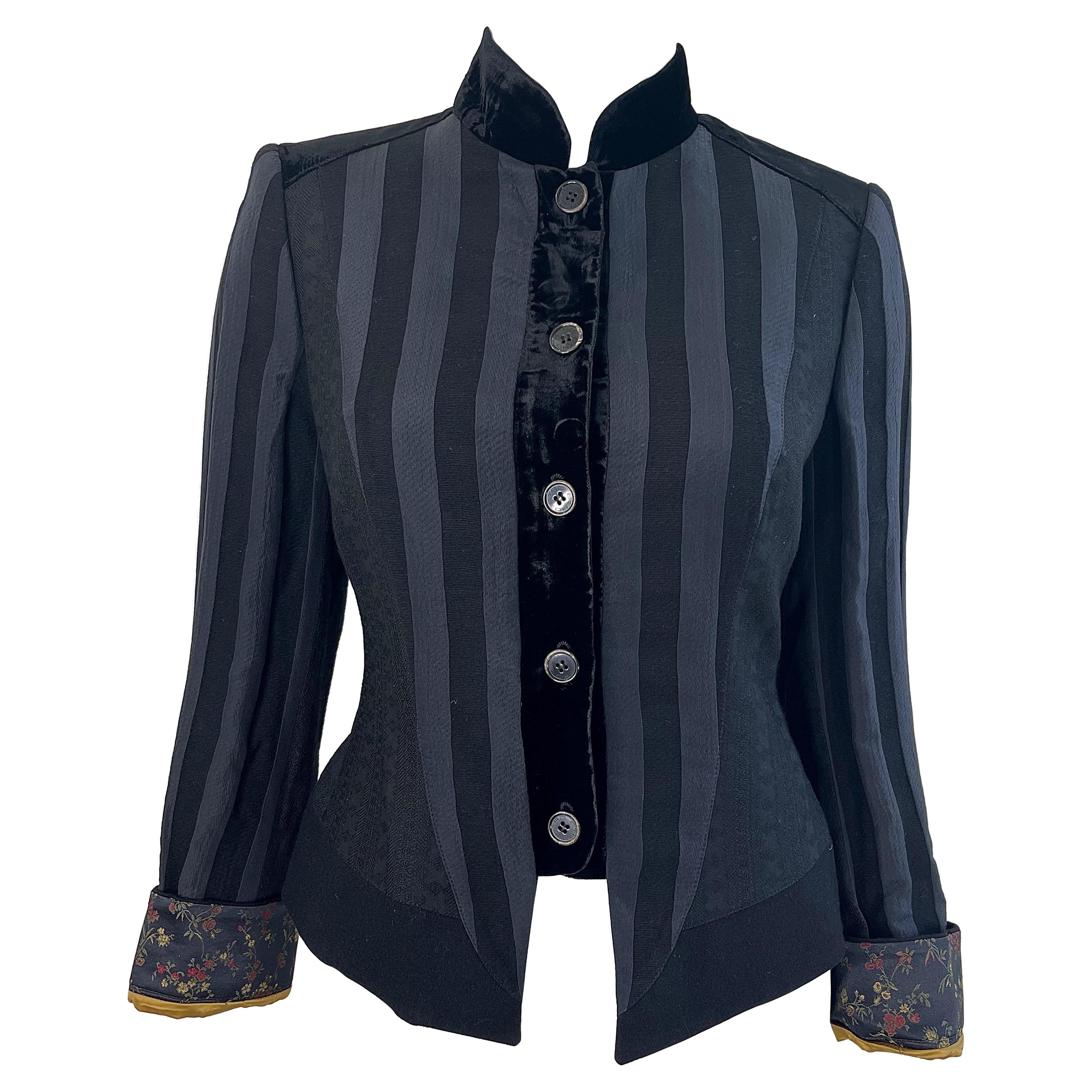 Etro Black Silk Blend Size 44 / US 8 Military Inspired Jacket w/ Flower Cuffs For Sale