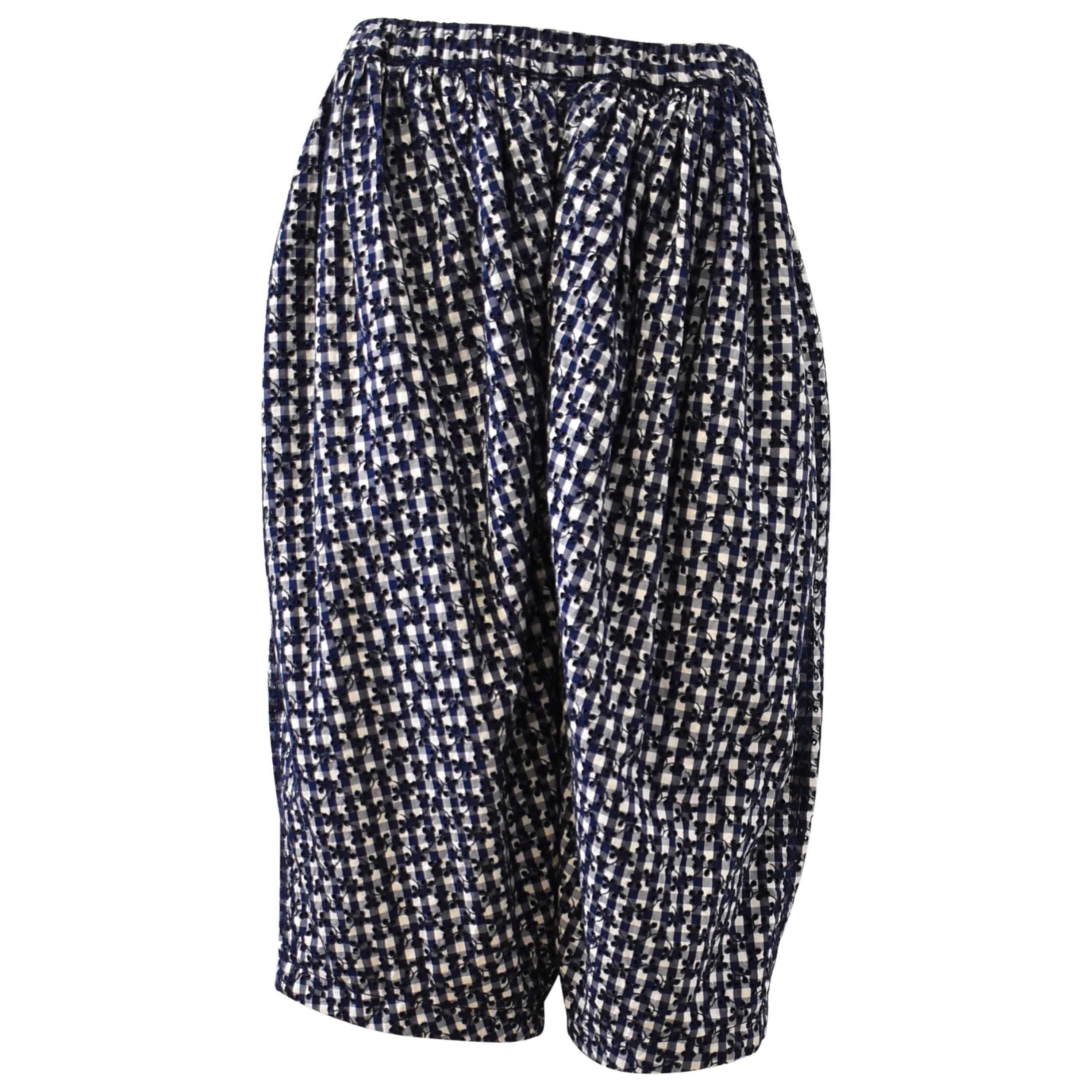 Comme des Garçons Embriodered Navy Blue Gingham Check Oversize Long Shorts 2012
