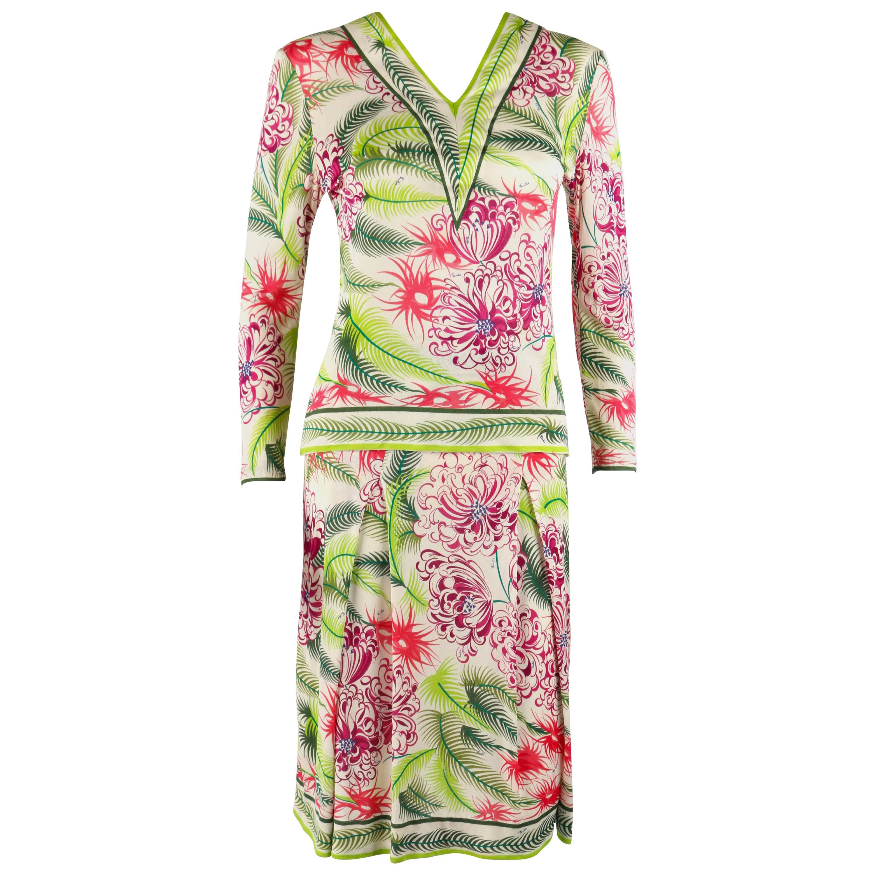 EMILIO PUCCI 1960s 2pc Multicolor Floral Fern Silk Blouse Skirt Dress Set Size 1