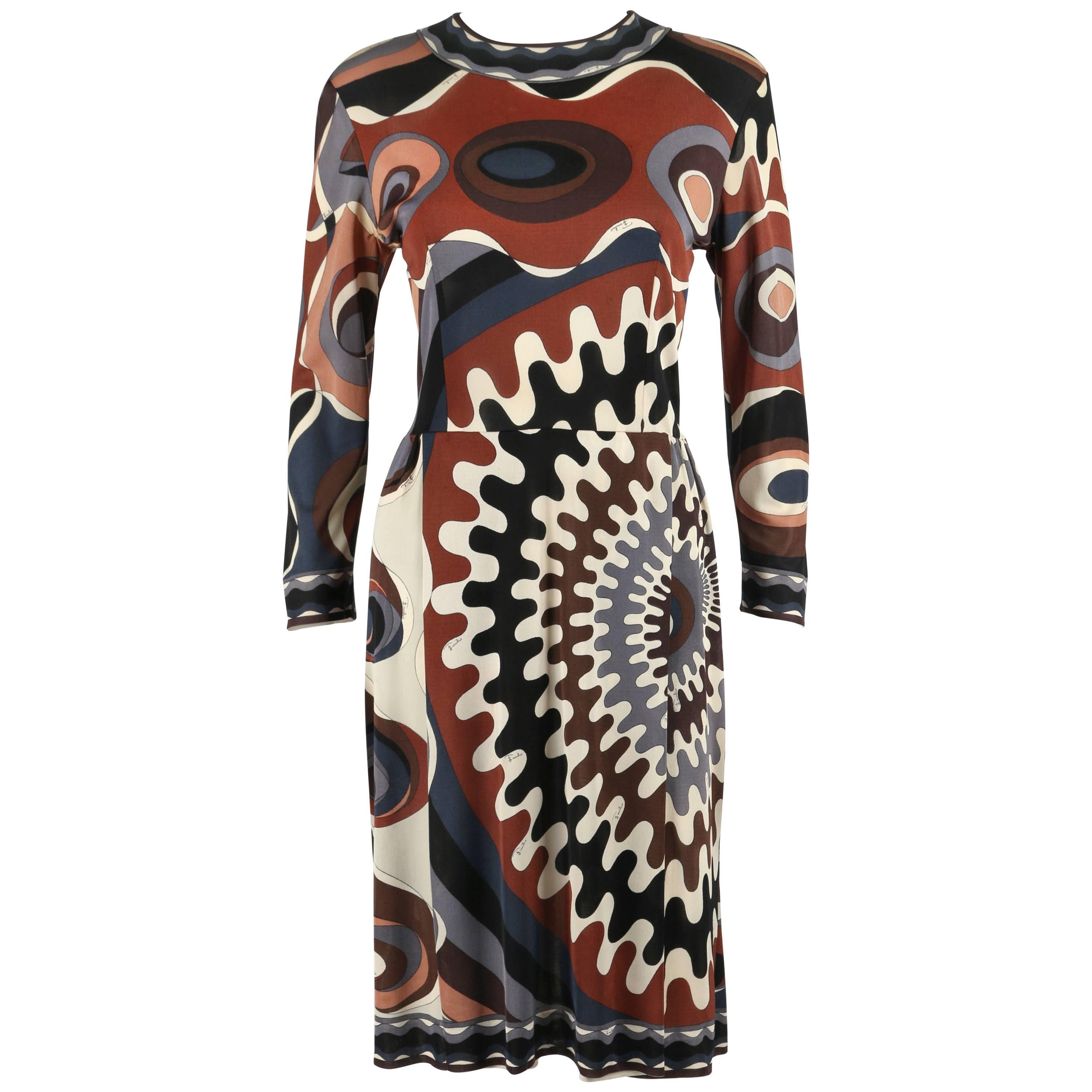 EMILIO PUCCI 1960s Multicolor Silk Long Sleeve Brown Mod Print Dress Size 12