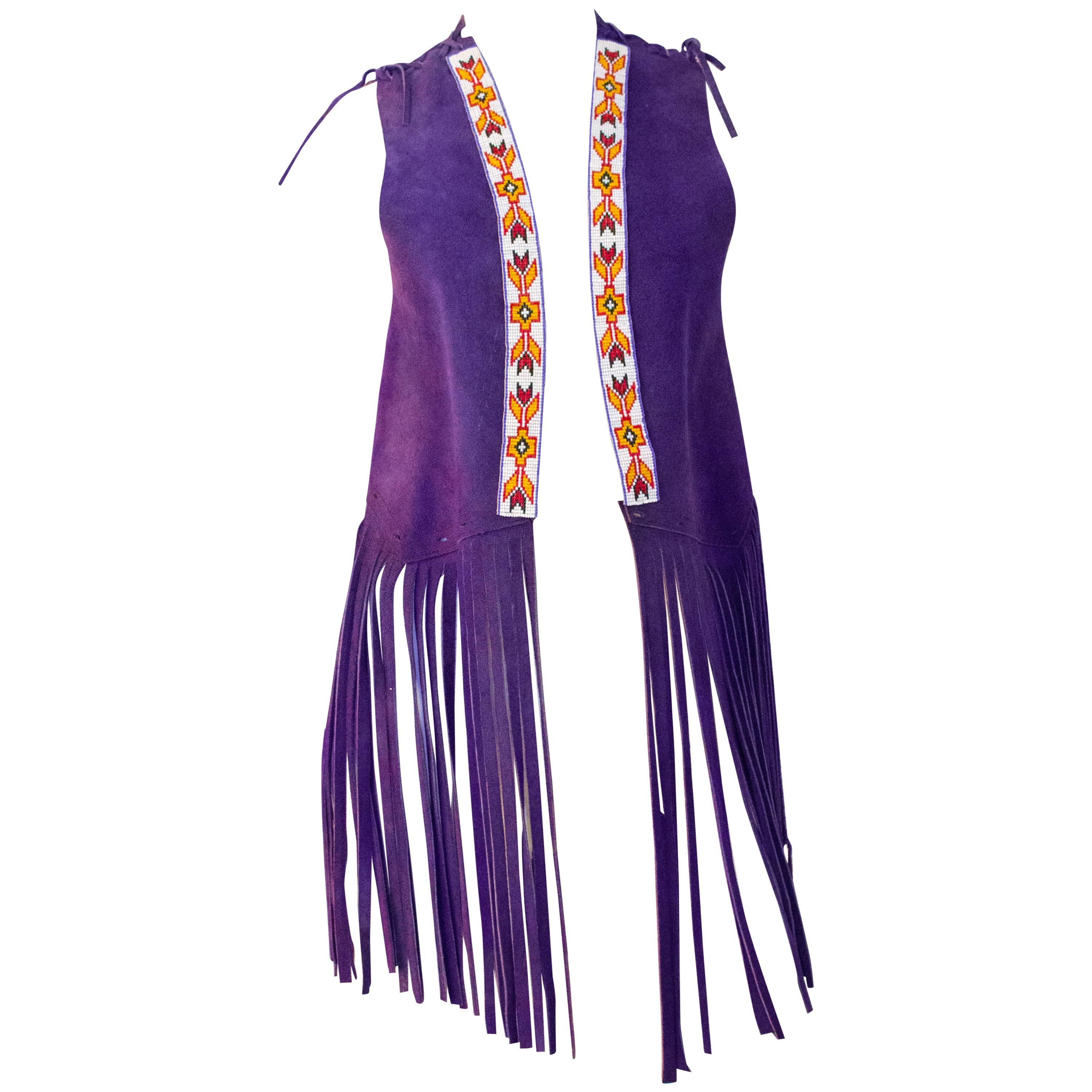 60s Purple Suede Fringe Vest with Beaded Fringe