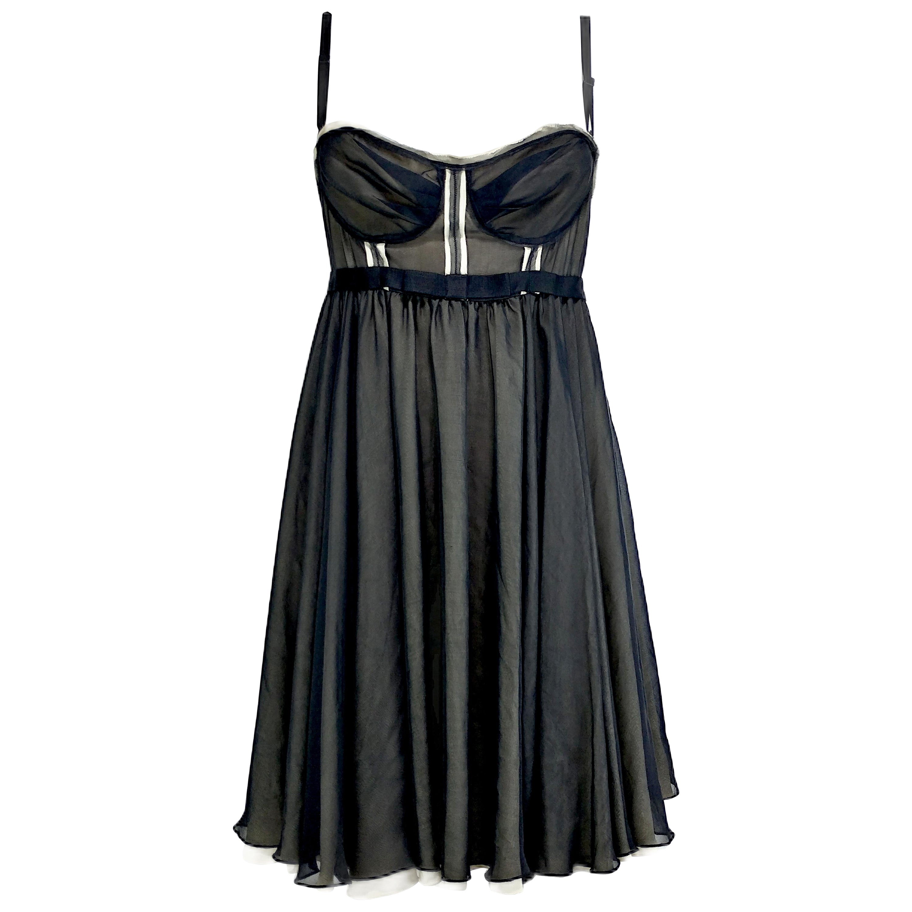 DOLCE&GABBANA Black and Beige Silk Dress with Adjustable Straps | Size 8US 40EU For Sale