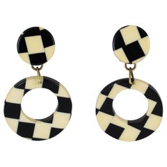 Pop Art 1960s Dangling Clip Earrings Black and White Checkerboard Galalith