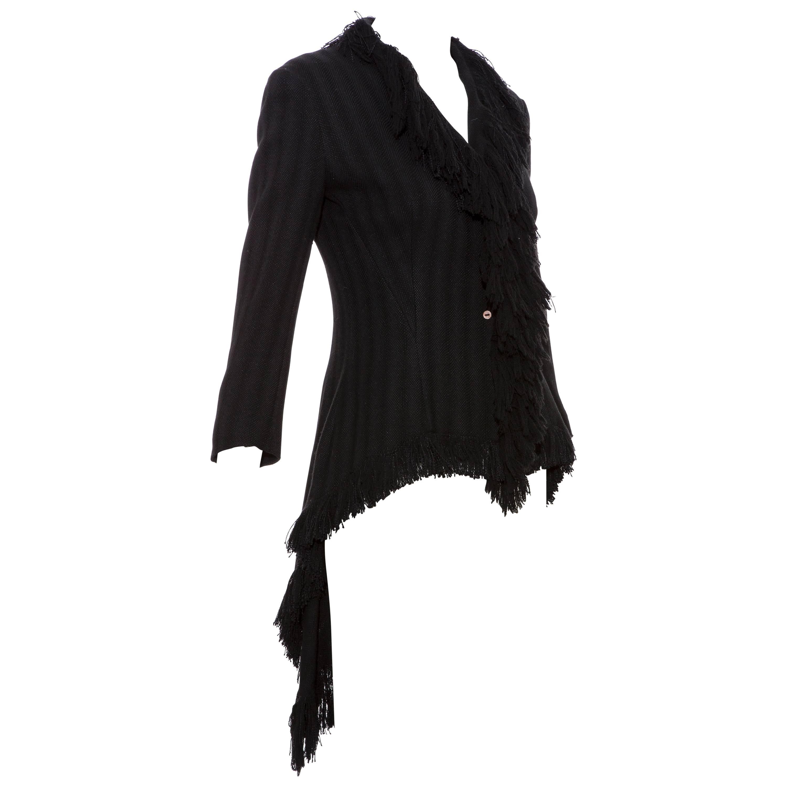 Yohji Yamamoto, Fall 2013, black tweed cutaway jacket with crew neck, fringe trim throughout and leather button closures at front. 

Size not listed, estimated from measurements.

 Bust 35”, Waist 28”, Shoulder 17”, Length 36”, Sleeve 23.5”