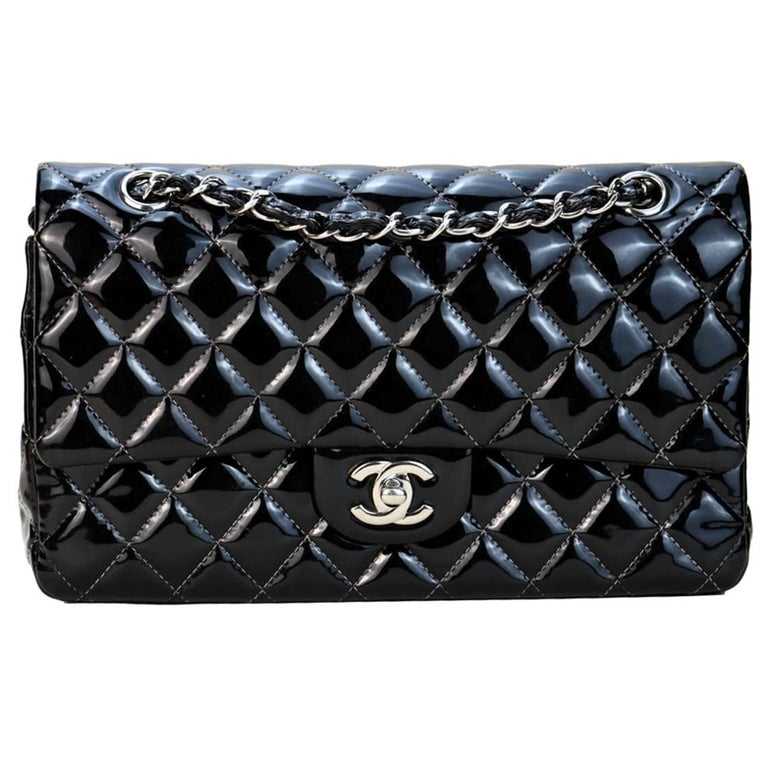 Chanel Classic Double Flap Quilted Patent Leather Silver-tone