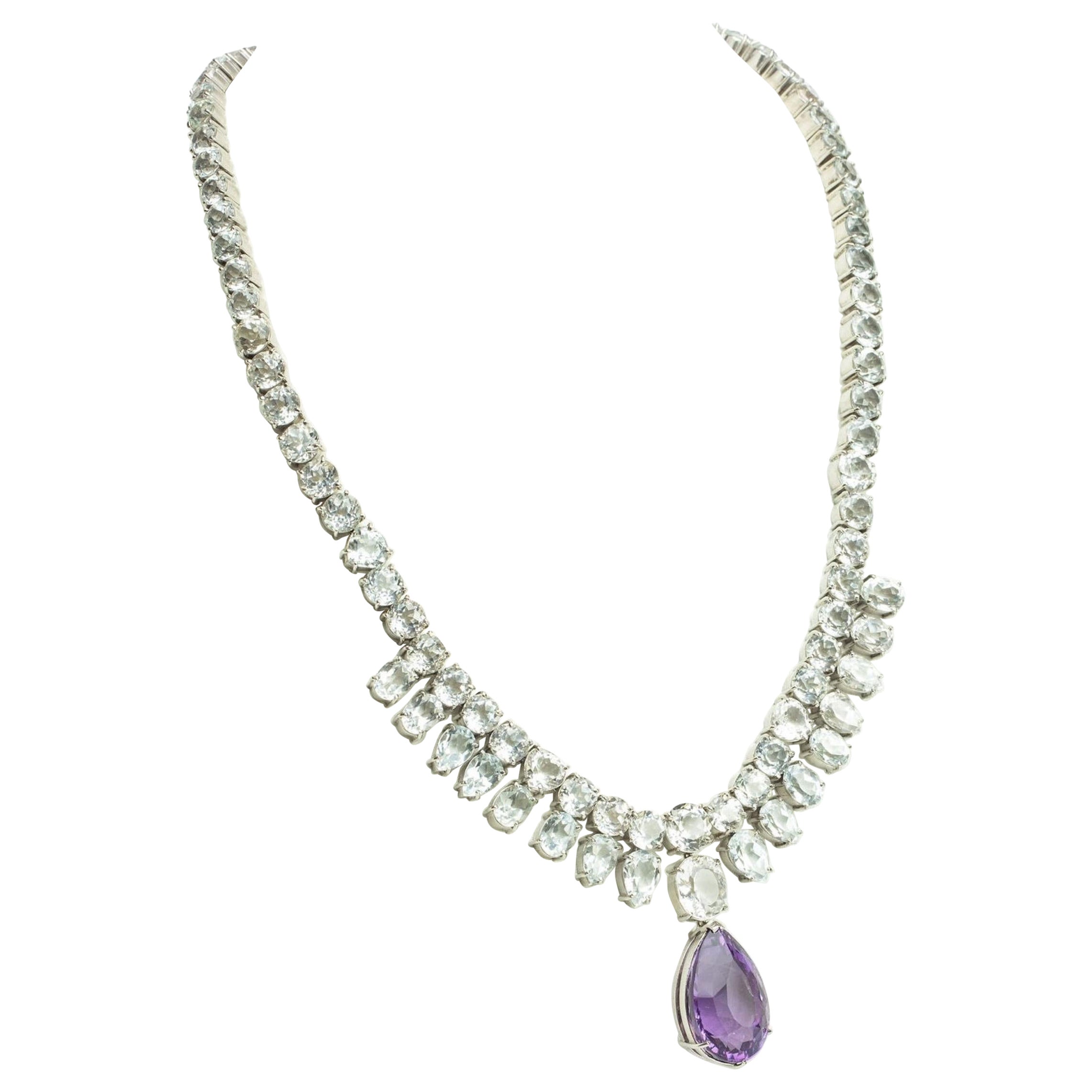 10ct Pear Cut Amethyst and Topaz Necklace Platinum-Coated Sterling Silver For Sale 2