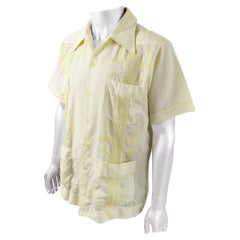 Vintage 1960s 1970s Mens Pastel Yellow Mexican Embroidered 70s Sheer Shirt